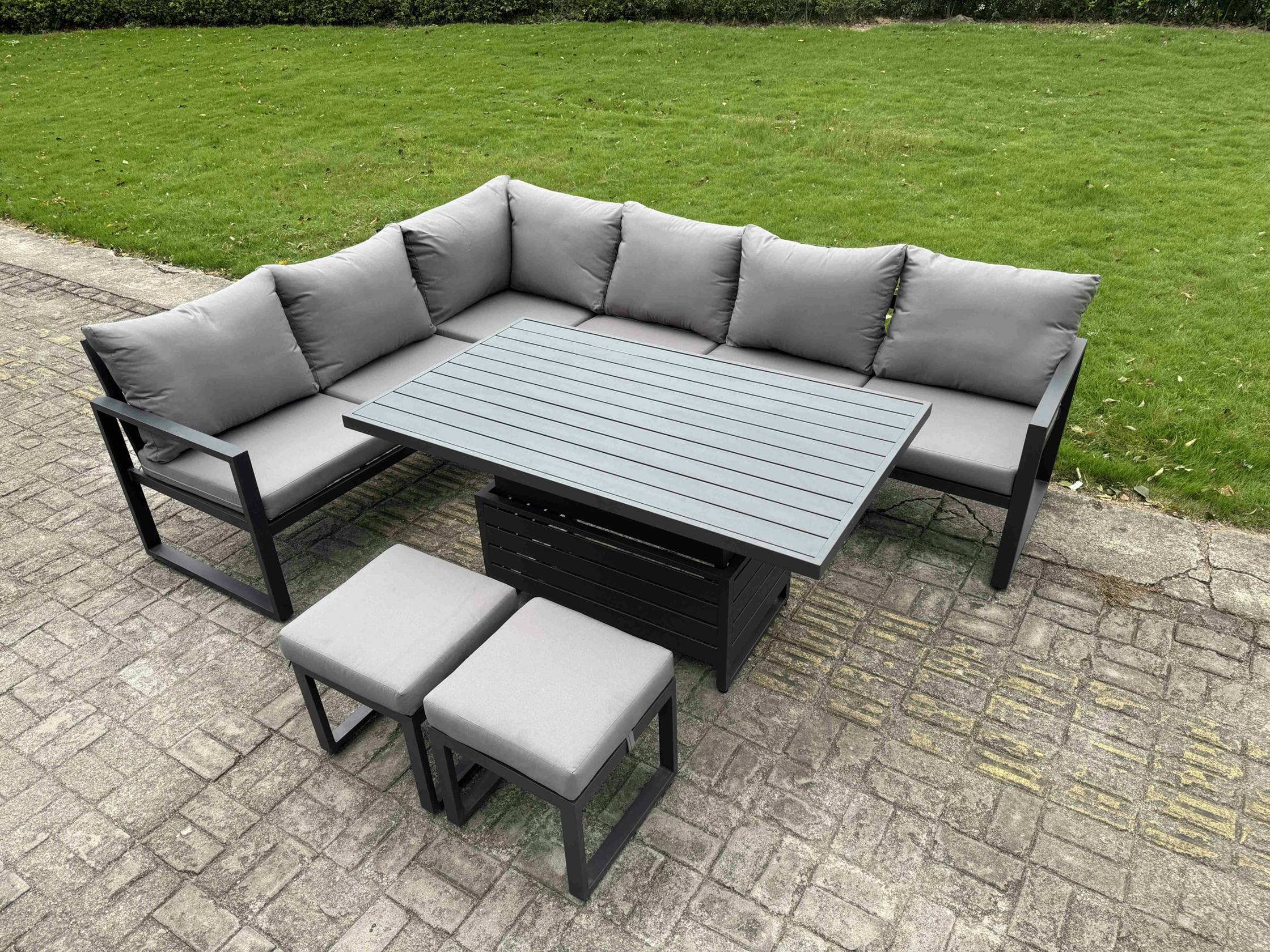 Fimous Dark/Grey 8 Seater Aluminium Garden Furniture Set With Rising Table & 2 Footstools