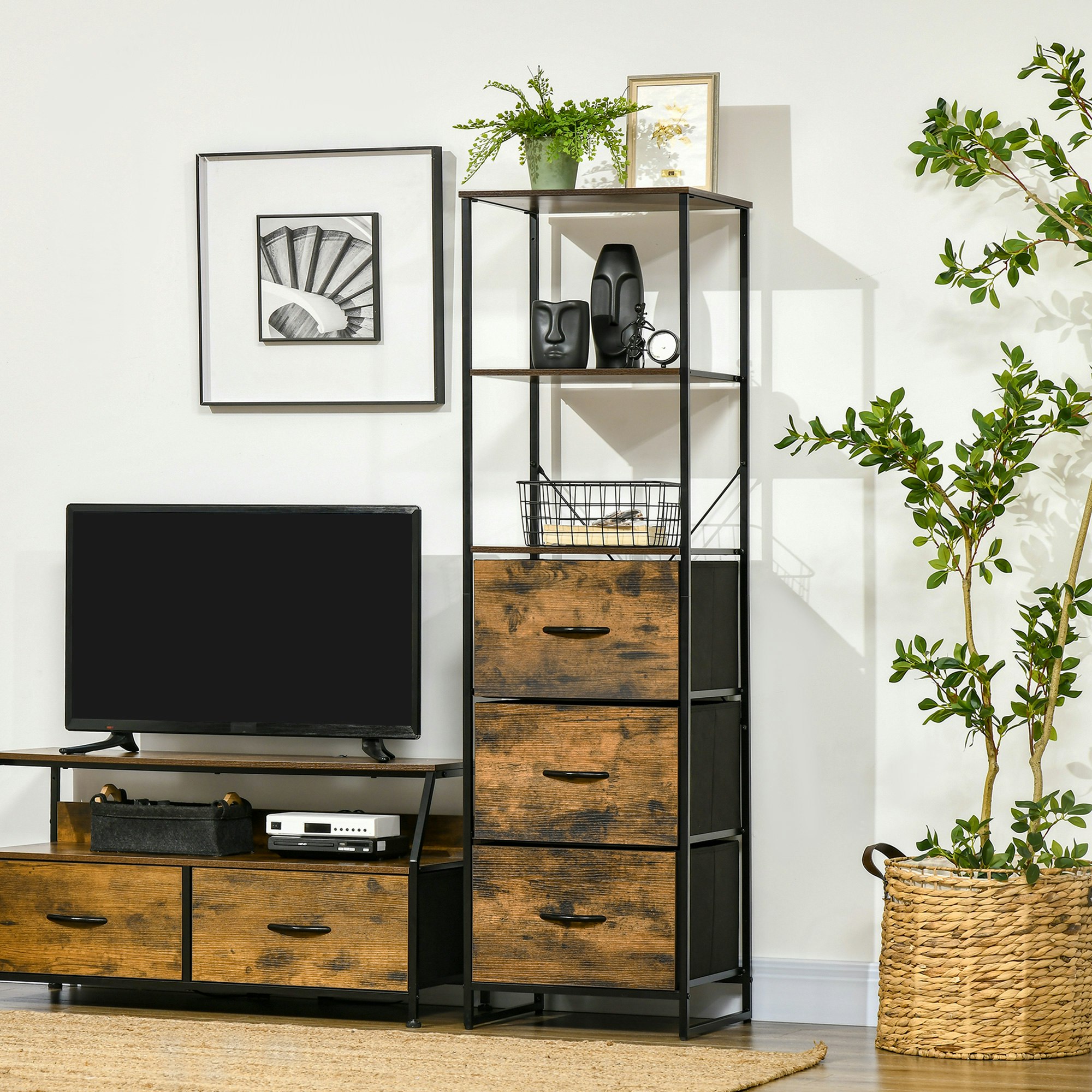 Rackhams Brown Industrial Storage Cabinet With 2 Shelves 3 Fabric Drawers Rustic