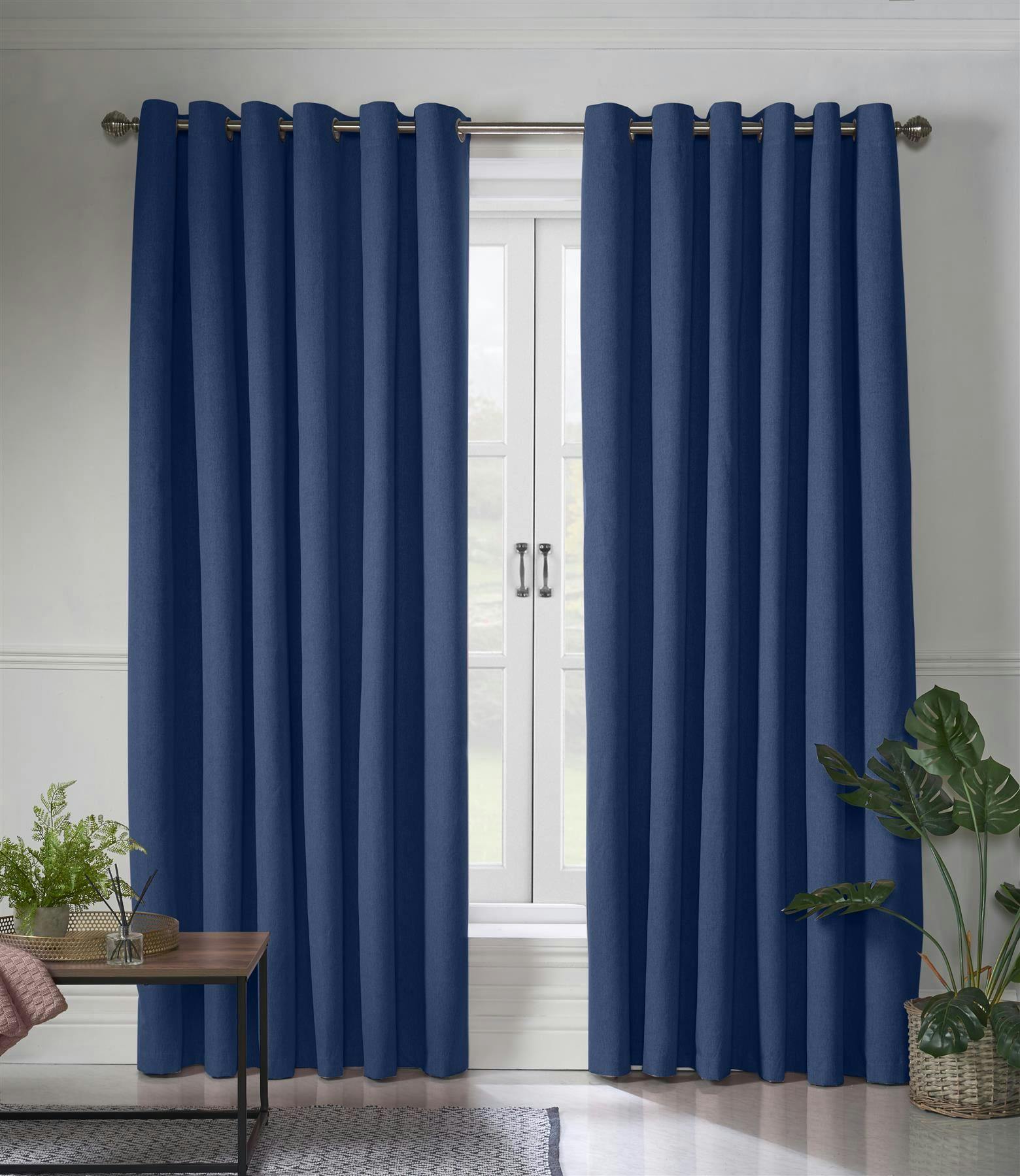 Rackhams Blue Linen Look Ring Top Blackout Curtains - 110Cm Width X 229Cm Drop