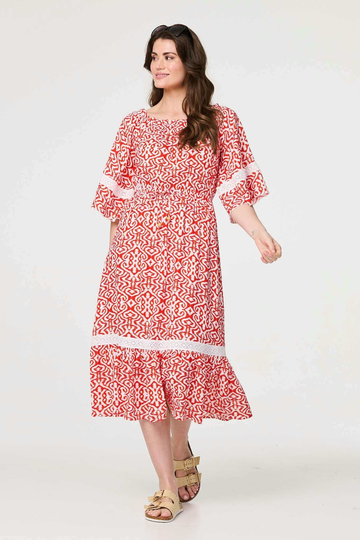 Izabel London Red Printed Relaxed Lace Trim Midi Dress - 12