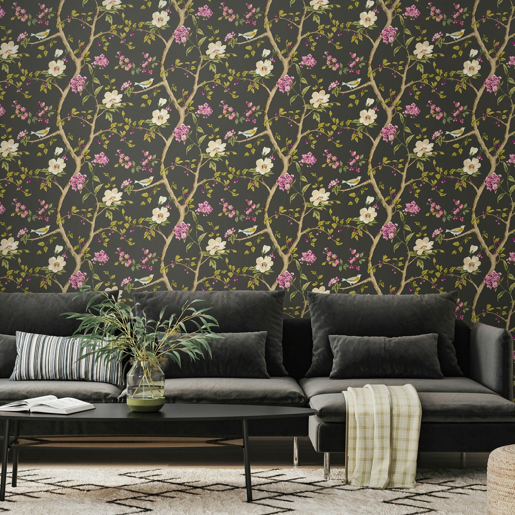 Rackhams Light Bird Song - Plum & Noir 10M Wallpaper
