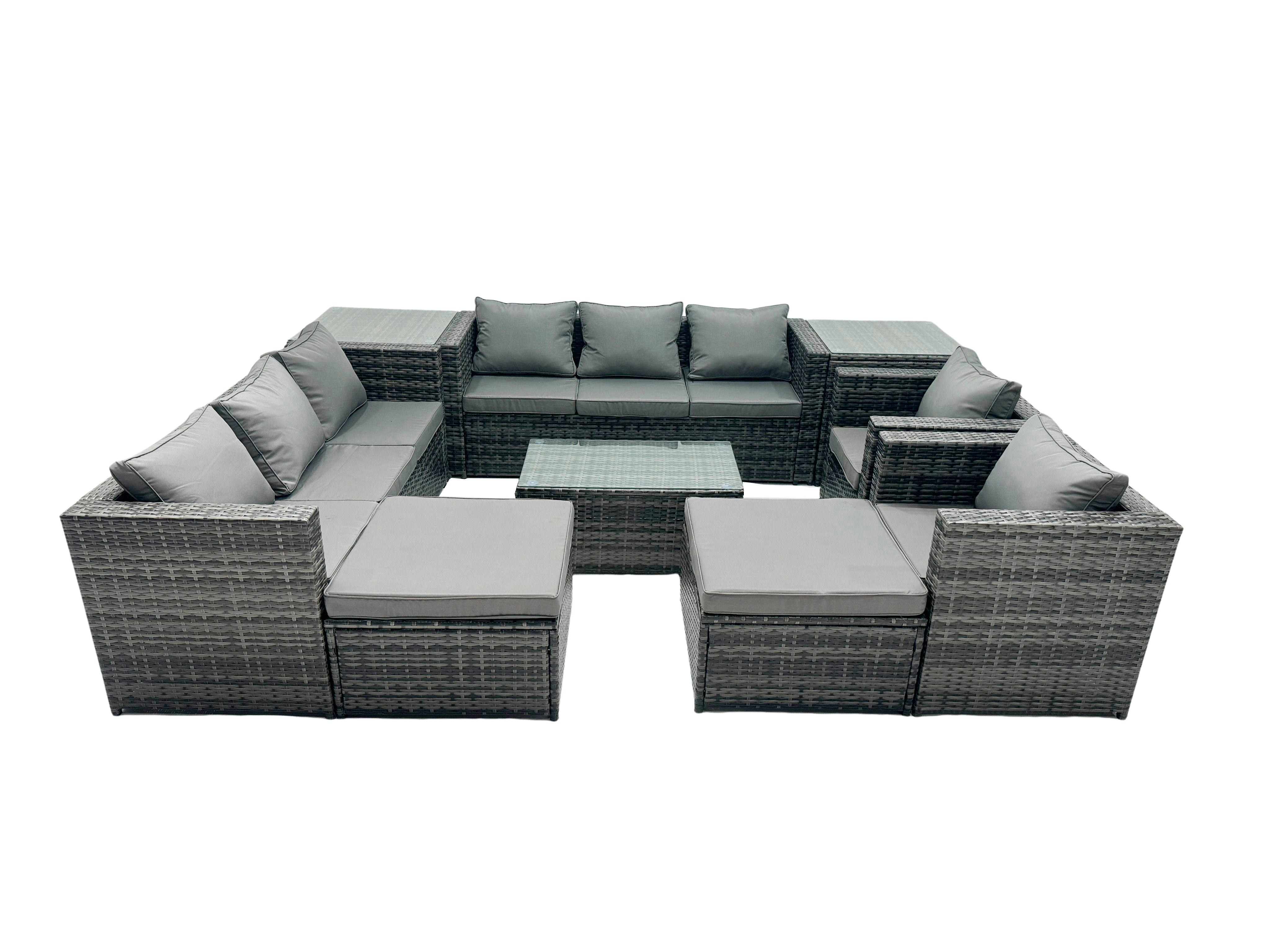 Rackhams Dark/Grey Rattan Garden Furniture Dining Set 10 Seater Patio Coffee Table Sofa Set With 2 Big Stools 2 Side Tables Mixed