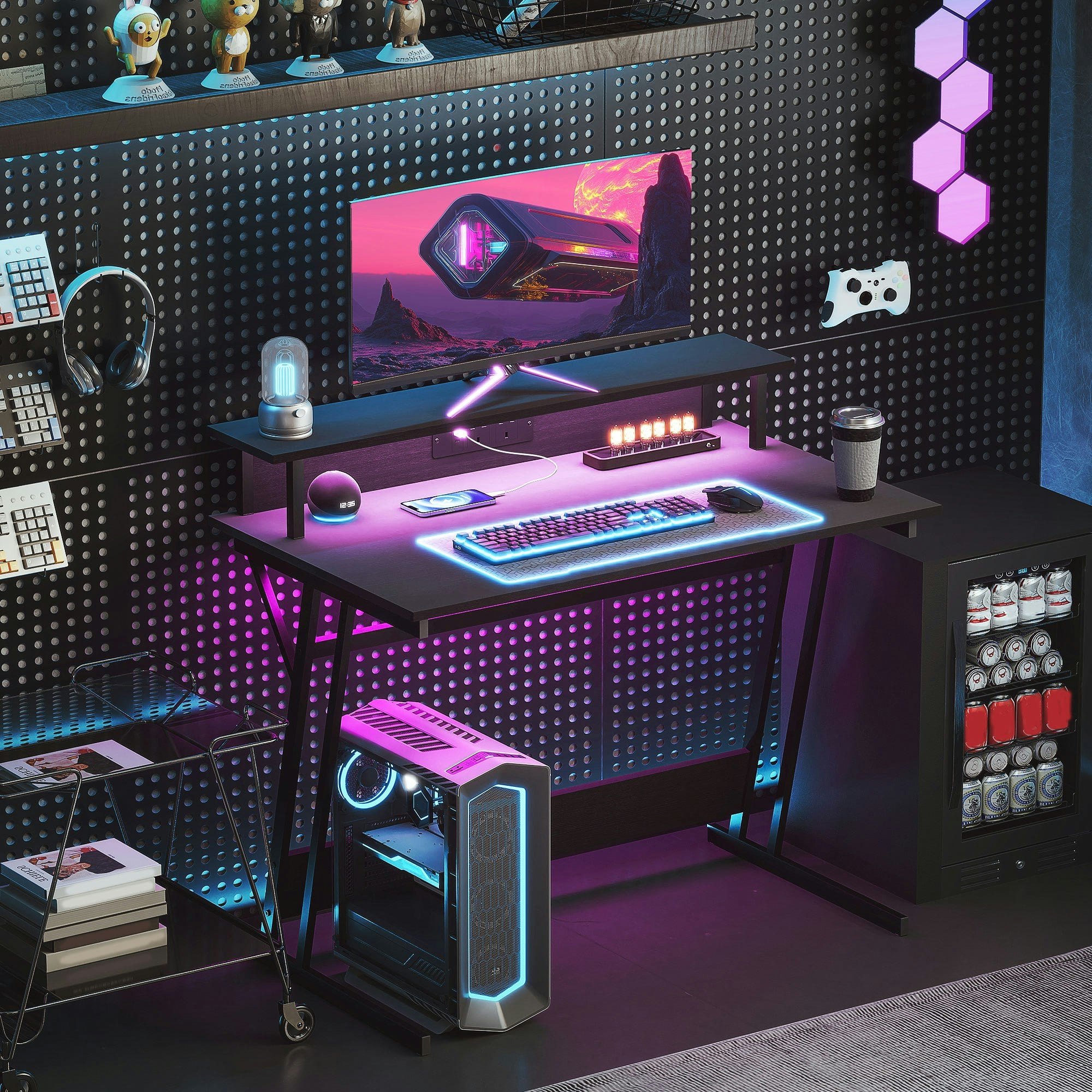 Rackhams Led Gaming Desk With Power Outlets And Monitor Stand