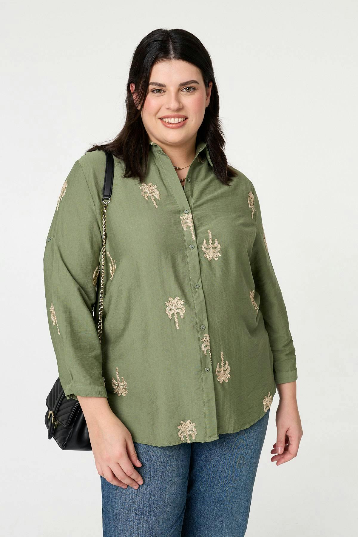 Izabel London Curve Metallic Embroidered Detail Shirt - 20/22 - Khaki