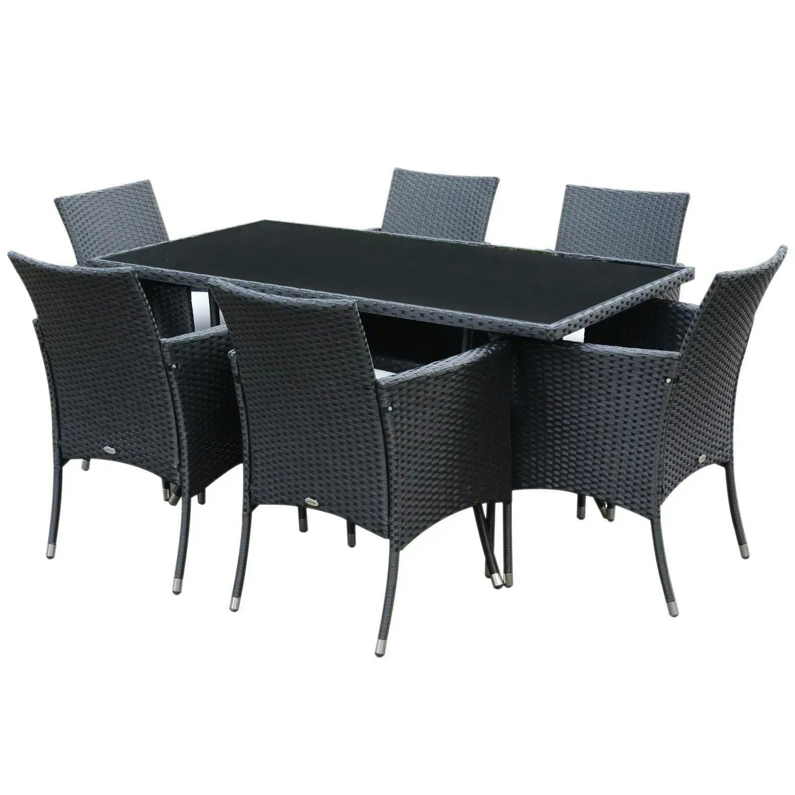 Bobobiy Black 6 Seater Rattan Dining Set With Cushions, Rattan Garden Furniture Set With 6 Armchairs, Rectangular Glass Top Table,