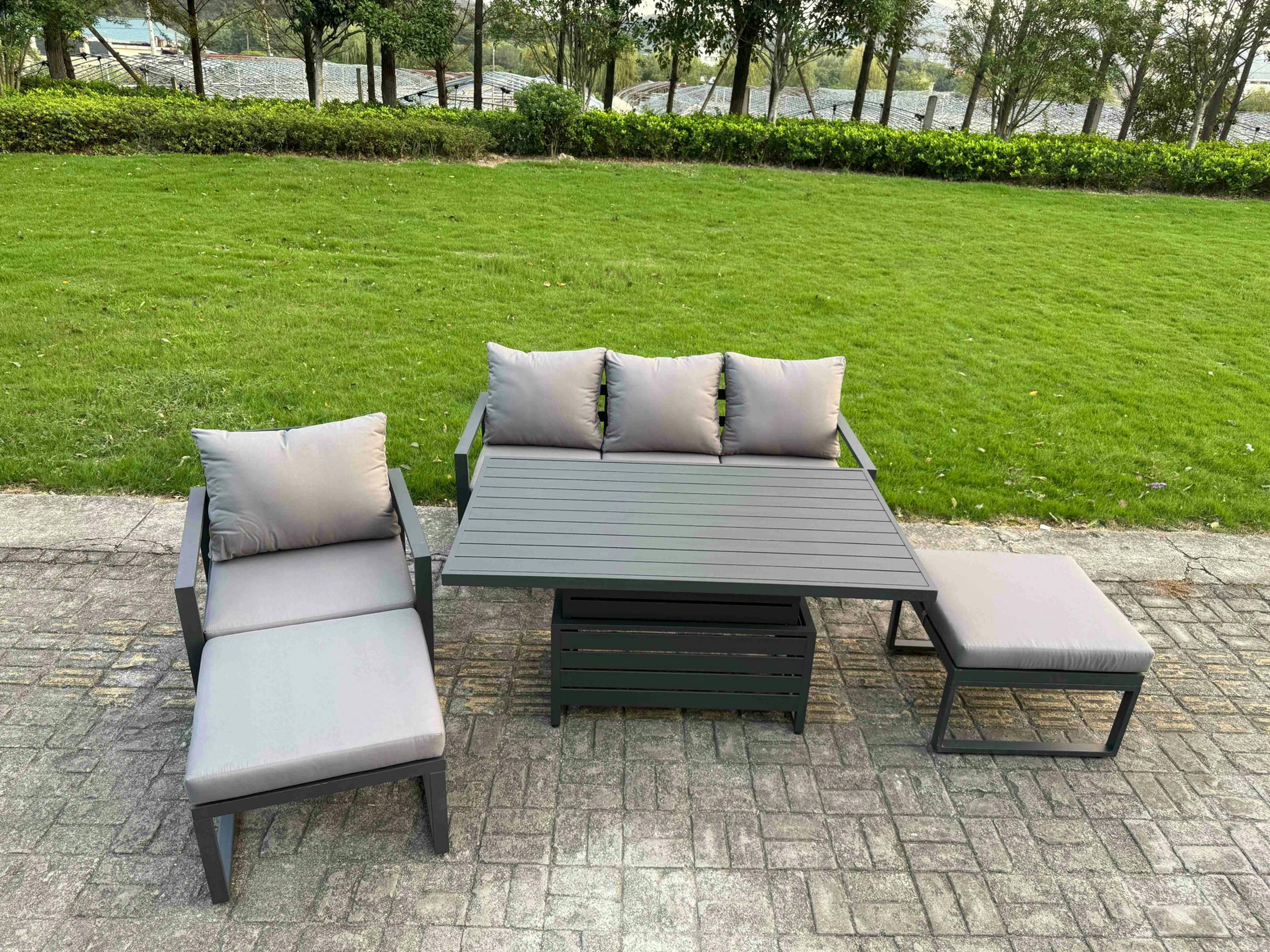 Fimous Dark/Grey 6 Seater Aluminium Garden Furniture Set With Adjustable Rising Dining Table