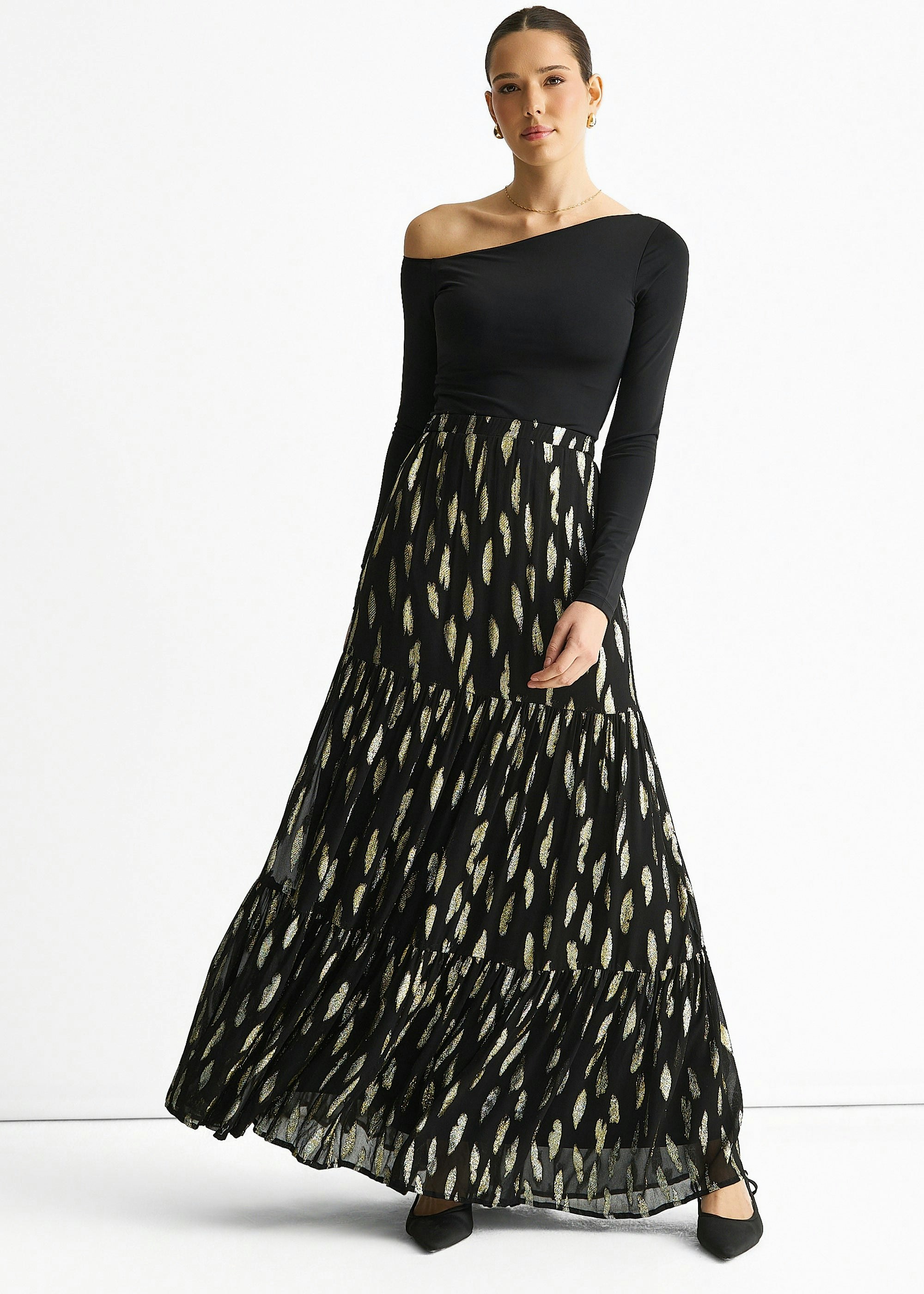 Gini London Black Clipped Jacquard Tiered Maxi Skirt - Uk 16 / Us 12 / Eu 44