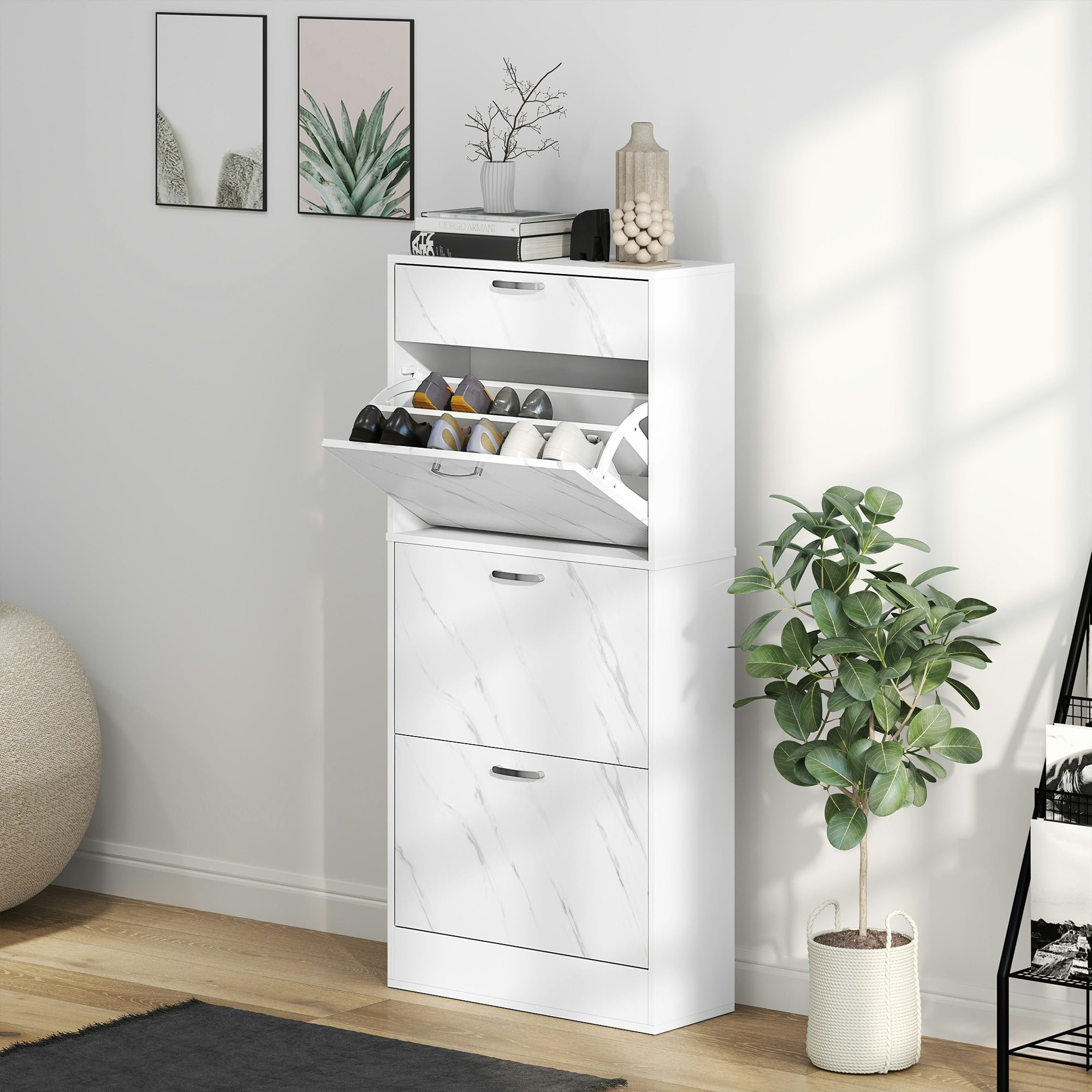 Rackhams Black/White Shoe Cabinet W/ 4 Drawers Shoe Storage Organiser For 18 Pairs