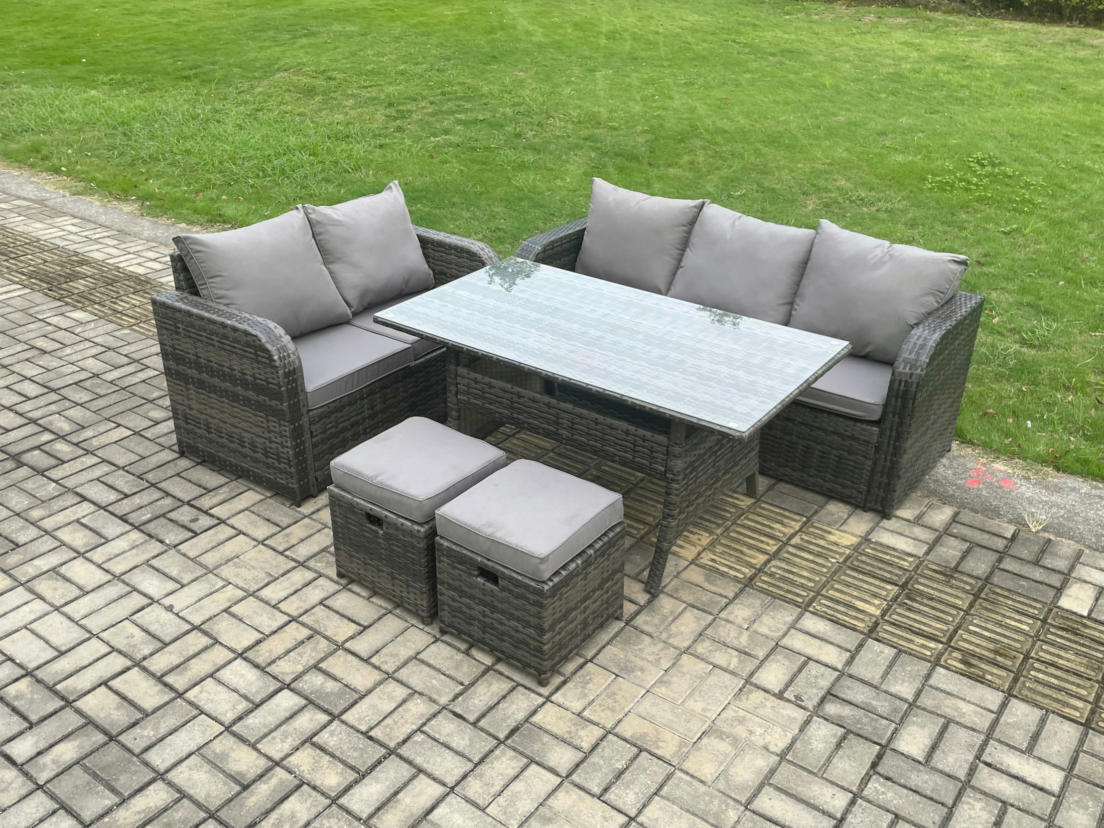 Rackhams Dark/Grey Outdoor Garden Patio Furniture Wicker Rattan Oblong Rectangular Dining Table And Lounge Sofa Set With 2 Small Footstools Mixed