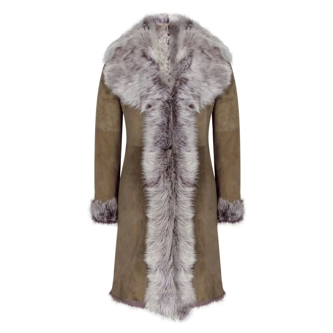 Infinity Leather Women's Leather Company Taupe 3/4 Length Suede Toscana Sheepskin Coat - Uk 20