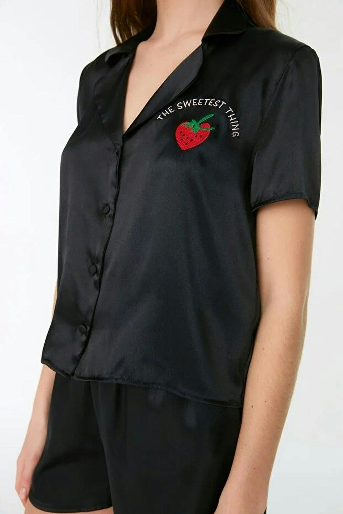 Wovcor Black 2-Piece Woven Satin Pajama Set With Strawberry And Slogan Embroidery - 10