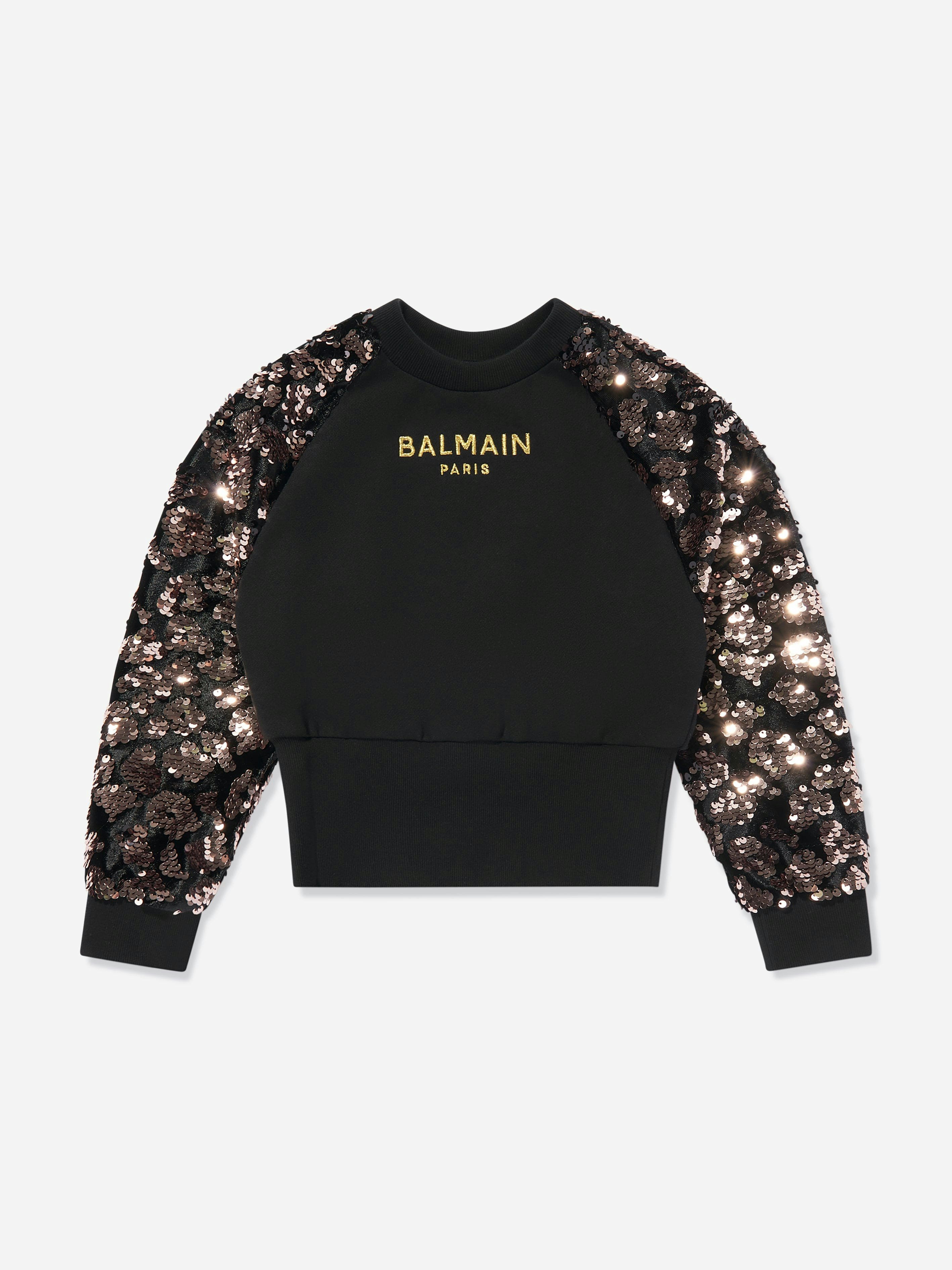 Balmain Girls Black Sequin Sleeve Sweatshirt In - 12 Yrs