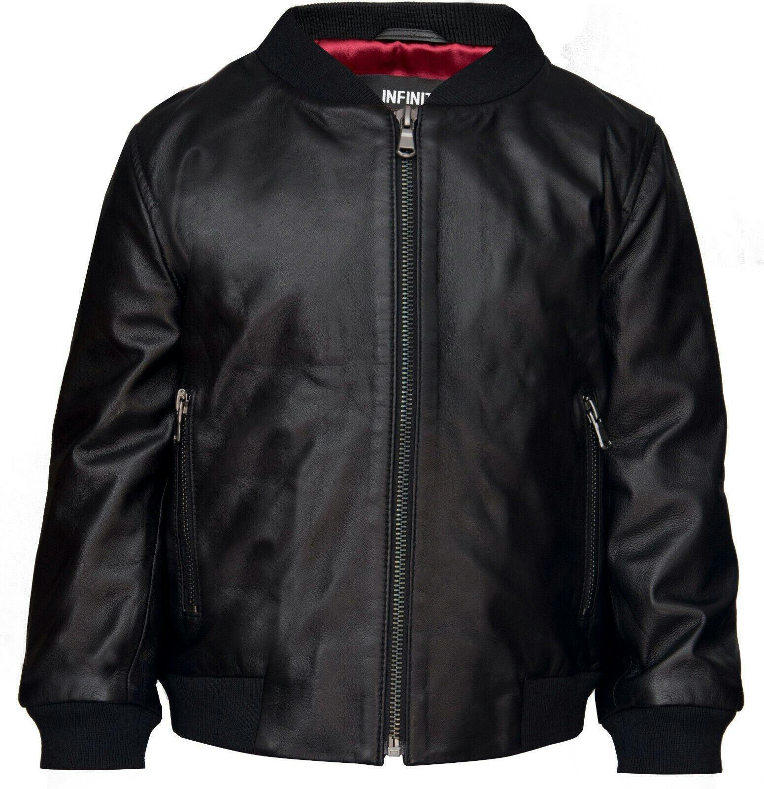 Infinity Leather Unisex Kids Black Kids Varsity Baseball Leather Bomber Jacket (1-13Years) - 3-4 Years
