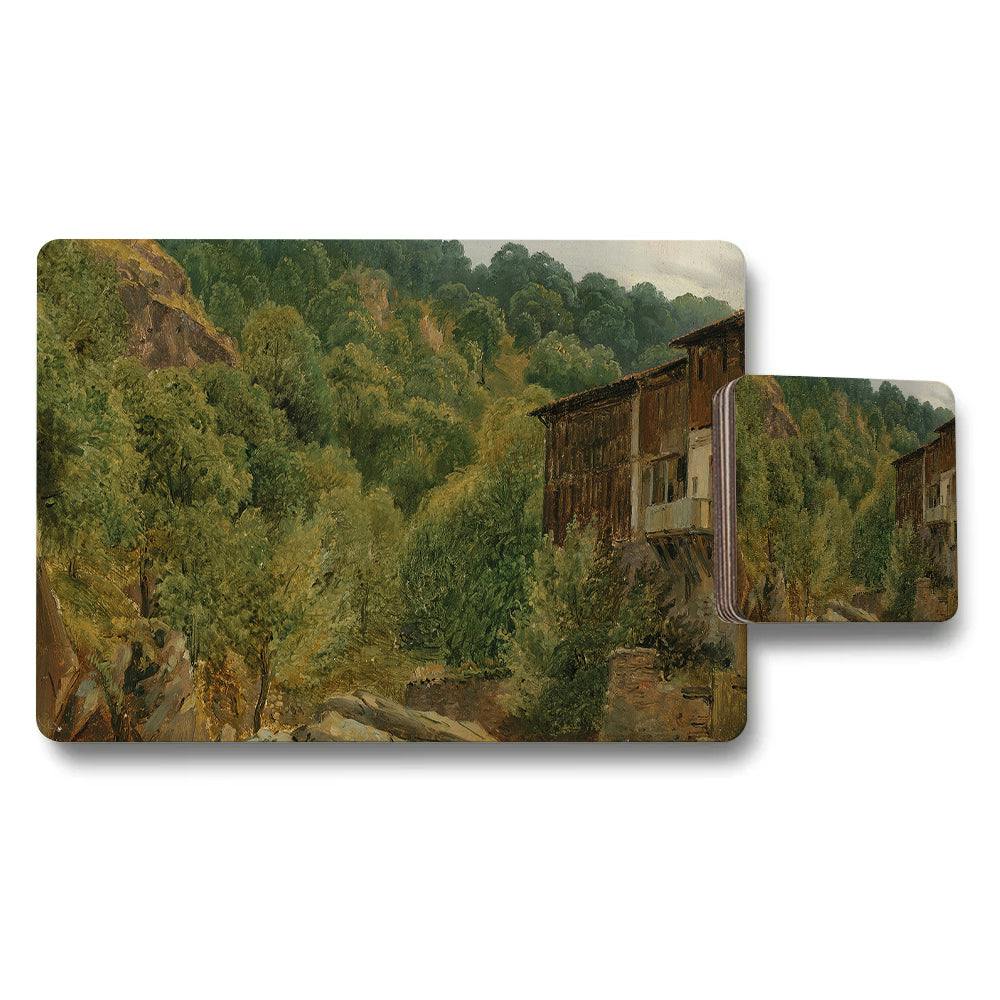 Rackhams Forest Landscape Placemat And Coaster Set With Rustic Cabin Scene