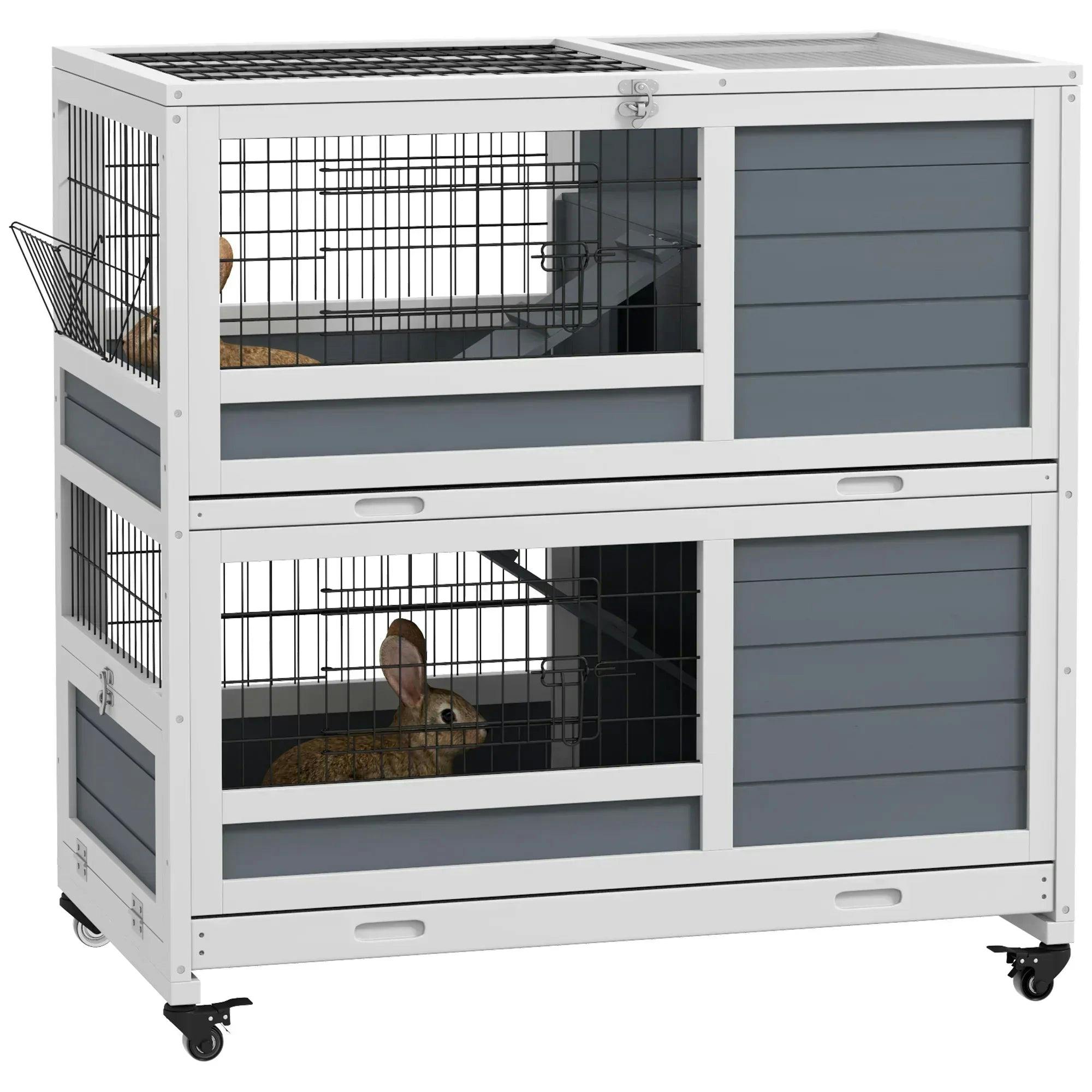 Pawhut Double Deckers Indoor Rabbit Hutch W/ Feeding Trough, Slide-Out Trays - Image 6