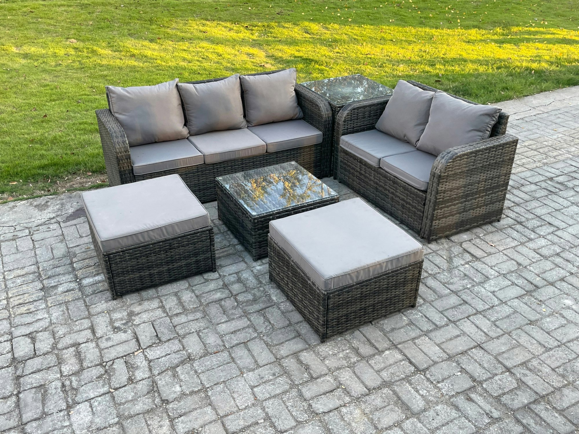 Fimous Dark/Grey 7-Seater High Back Rattan Garden Lounge Set - Mixed Indoor/Outdoor Patio Sofa With Square Coffee Table & 2 Big Footstools