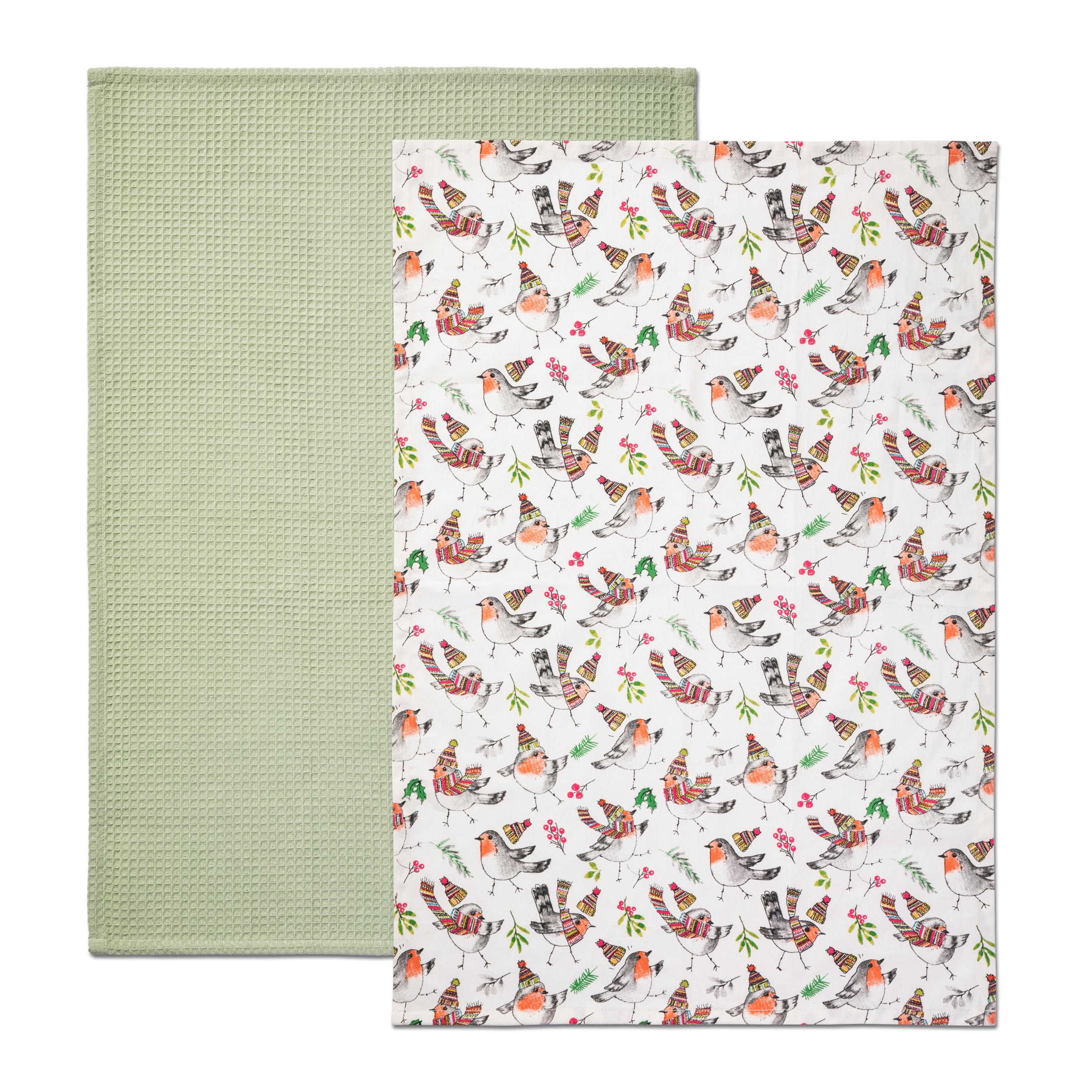 Rackhams White Tipperleyhill Robin Cotton Tea Towel, Set Of 2 - Cotton - Tea Towel