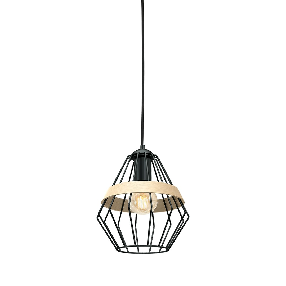 Milagro Black Cliff Pendant Lamp 1Xe27 Hand Made Matt Cage Style Lamps With Natural Wood Detail