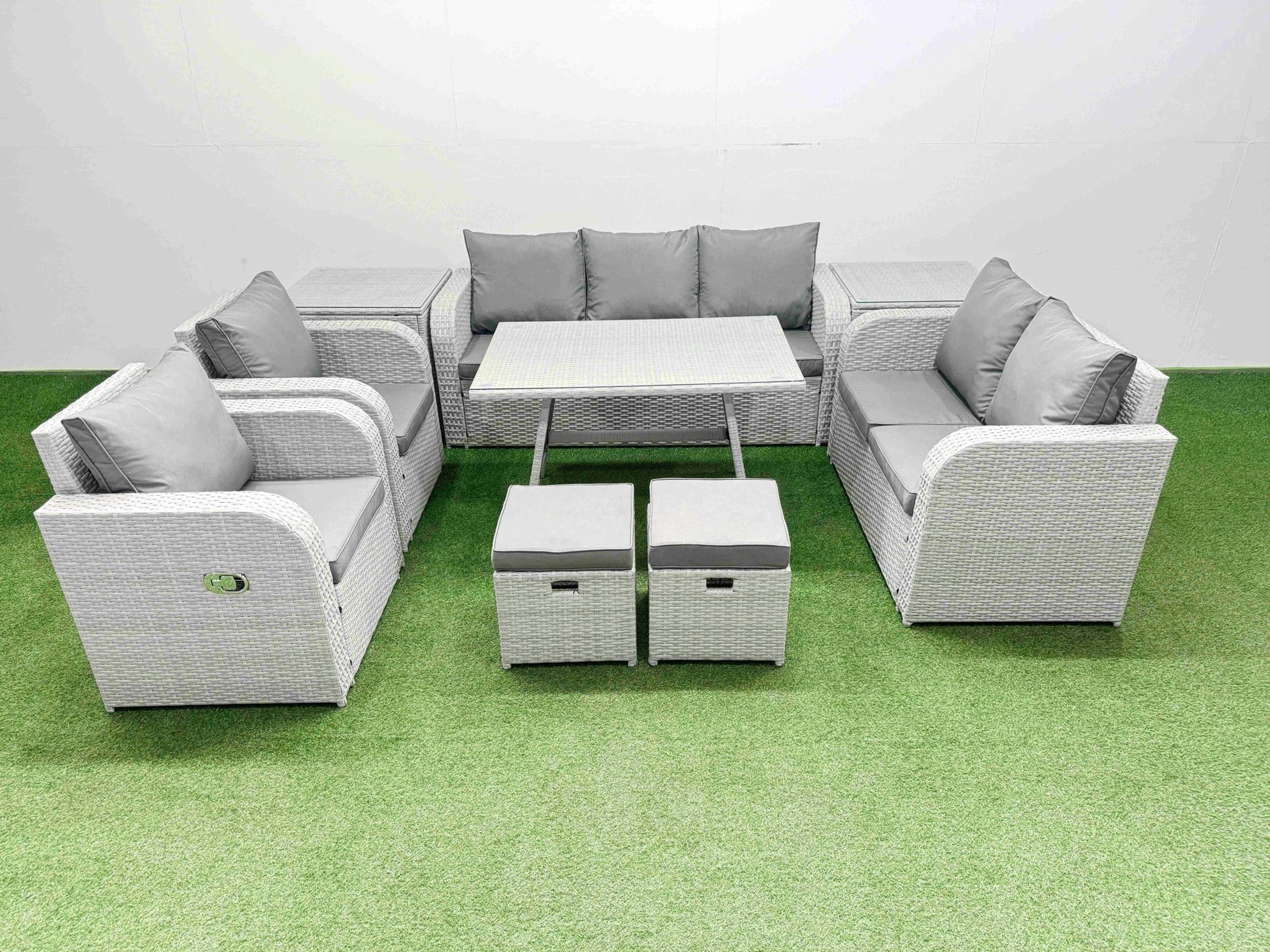 Rackhams Light/Grey Pe Rattan Garden Furniture Set Outdoor Rectangular Dining Table Sofa Set With Reclining Chair 2 Small Stool 2 Side Tables