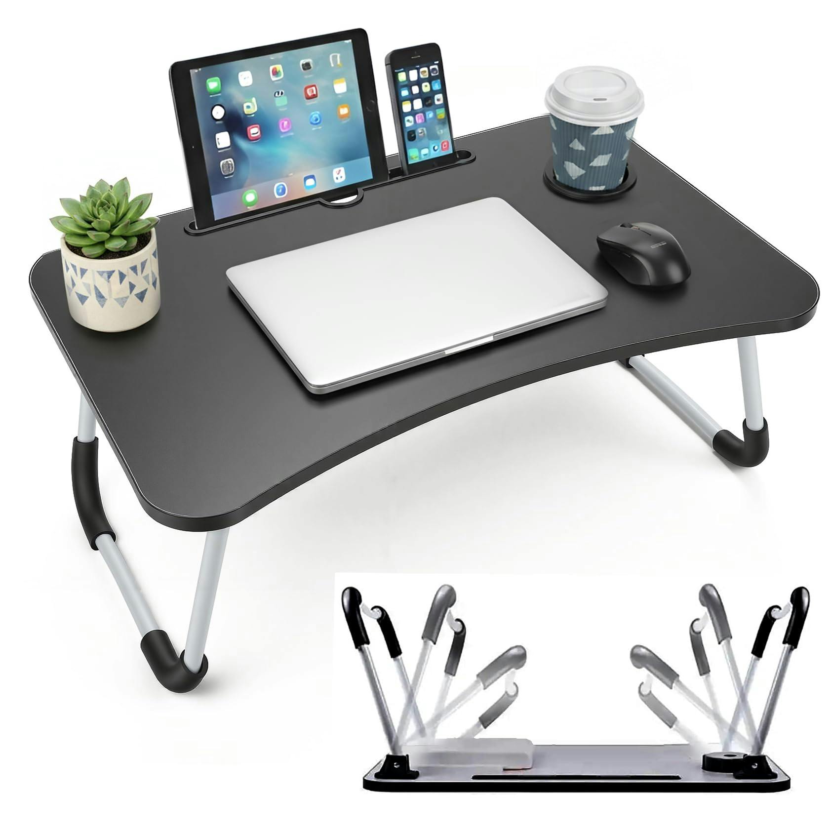 Rackhams Foldable Laptop Table With Tablet Holding Slot - 60×40×28 Cm Portable Bed Tray With Drink Holder, For Bed, Sofa & Desk - 60X40x28 Cm