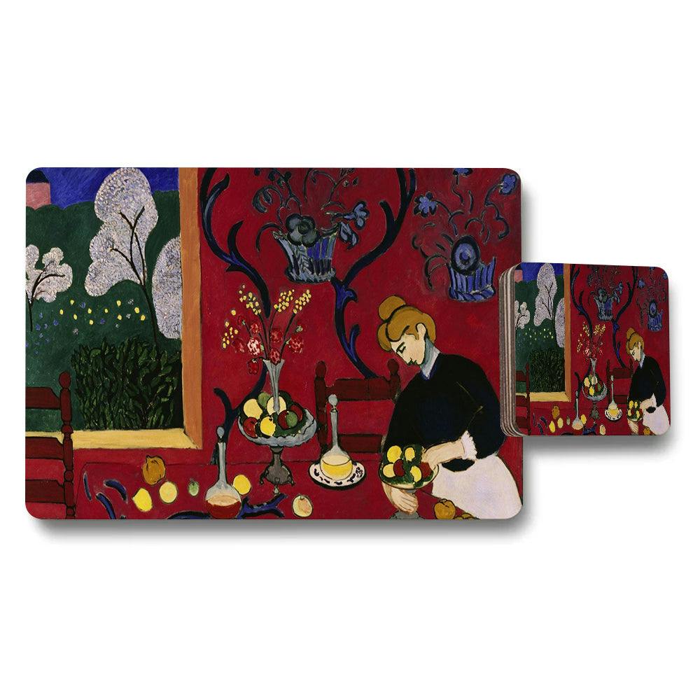 Benjamin Tate Design Red Placemat And Coaster Set Featuring Table Scene Artwork