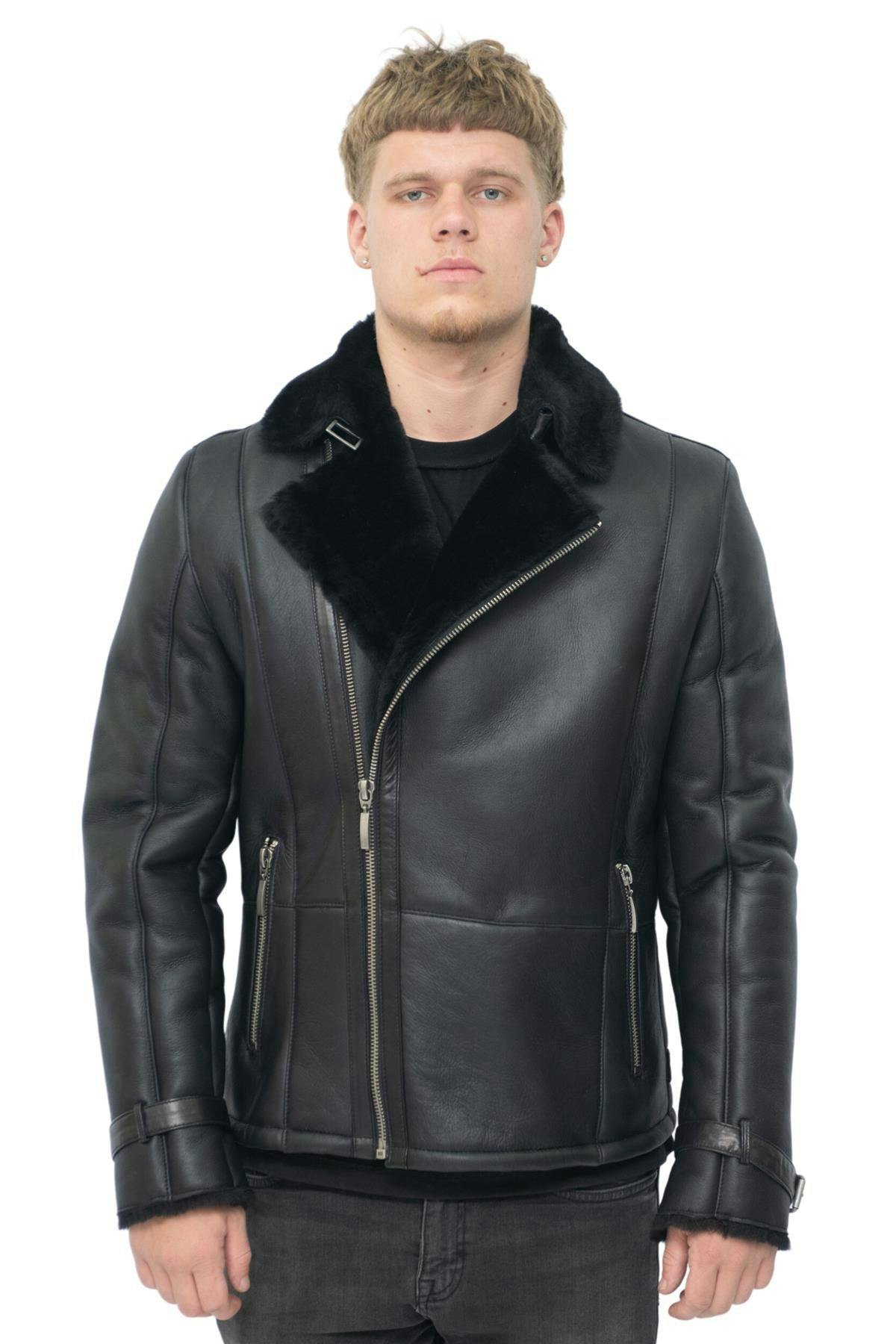 Infinity Leather Men's Black Double Breasted Sheepskin Leather Biker Jacket-Heathfield - 5XL