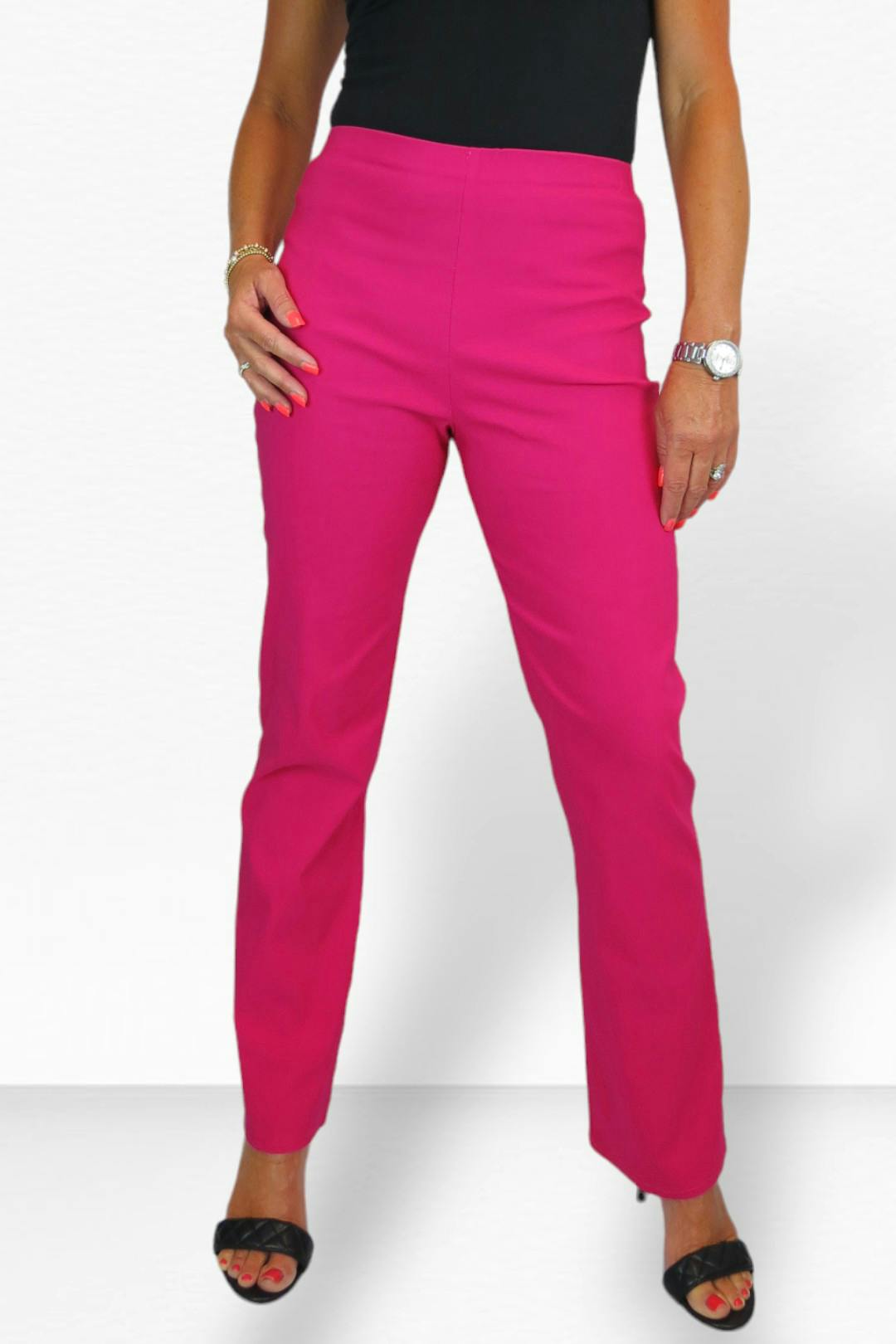Paulo Due Women's Magenta Pull On Stretch Straight Leg Trousers - 14