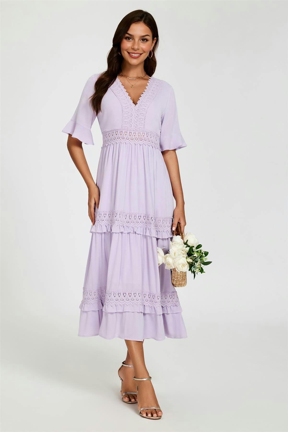 Fs Collection Purple V Neck Lace Detail Midi Dress In - L