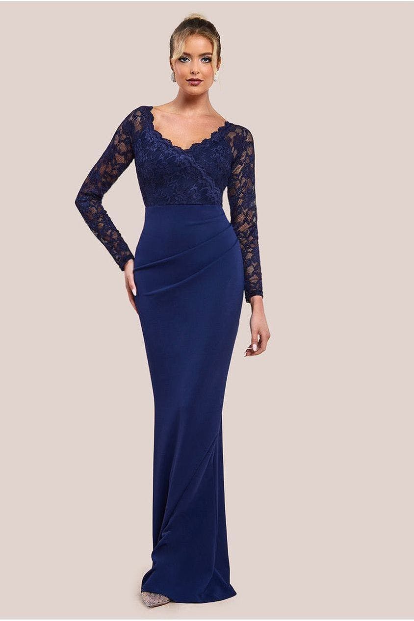 Goddiva Scalloped Lace & Scuba Maxi Dress - Navy By - Navy - 8
