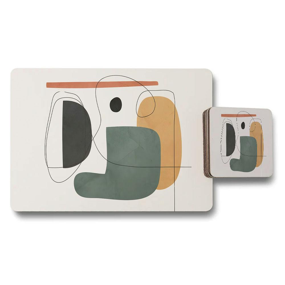 Benjamin Tate Design White/Black/Green Abstract Geometric Placemats And Coaster Set Modern Dining Decor