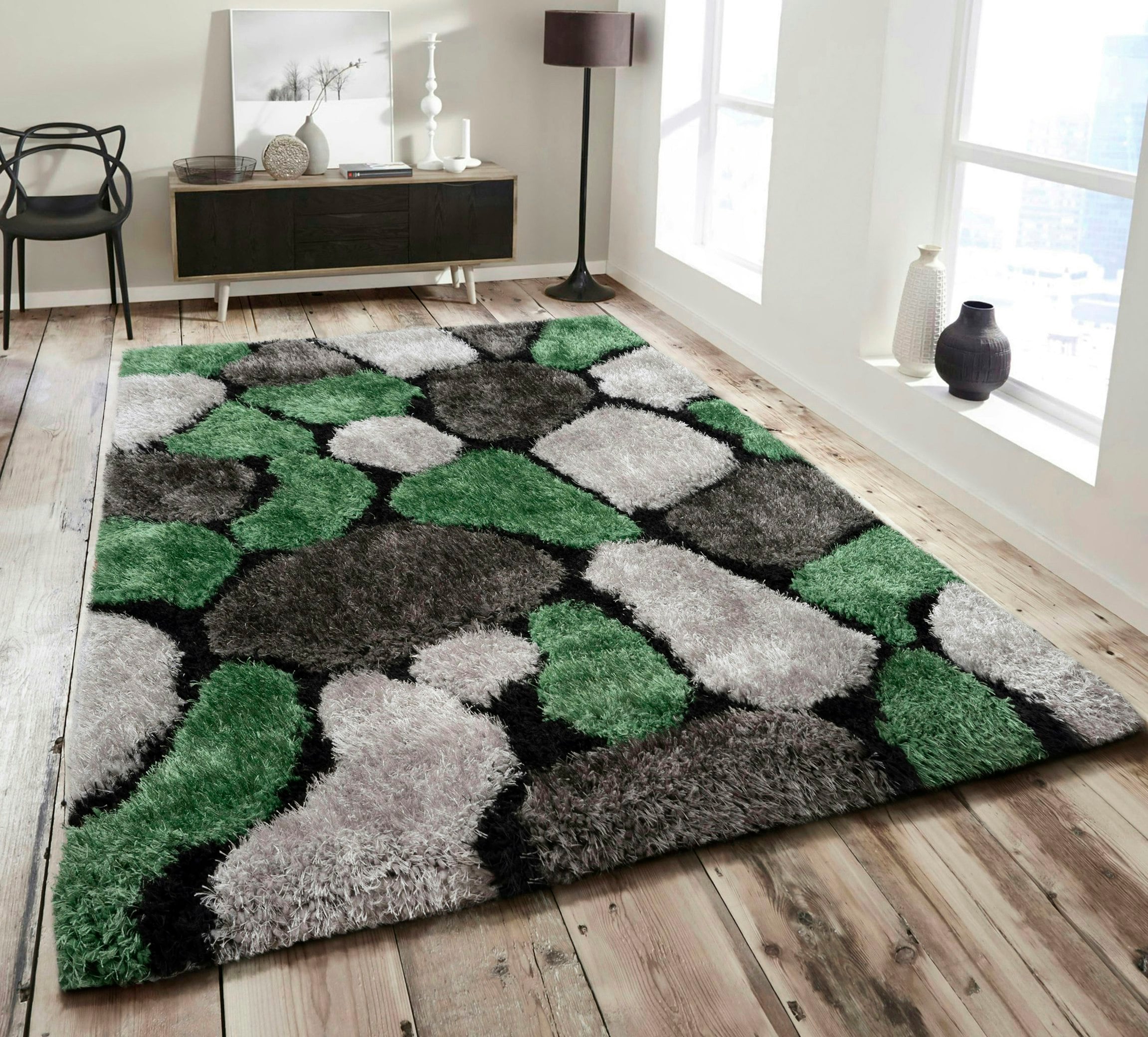 Rackhams Green Pebbles Shaggy Rug - 60 X 110