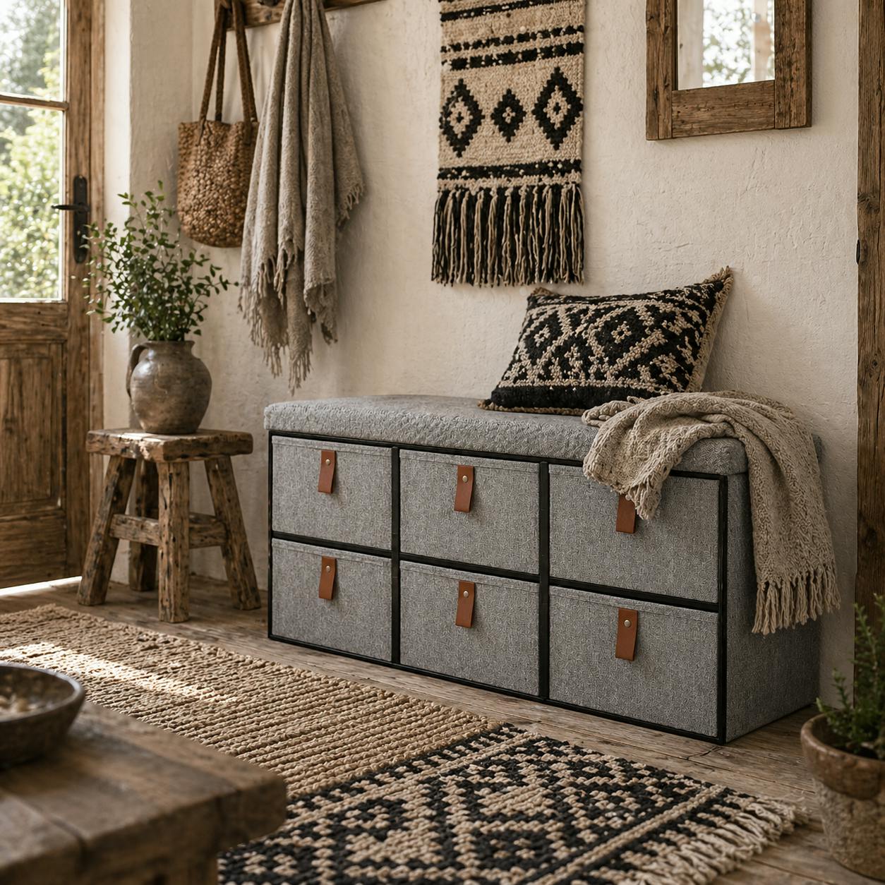 Rackhams Light/Grey Taelha Fabric Shoe Bench With Cushioned Seat And 6 Fabric Drawers
