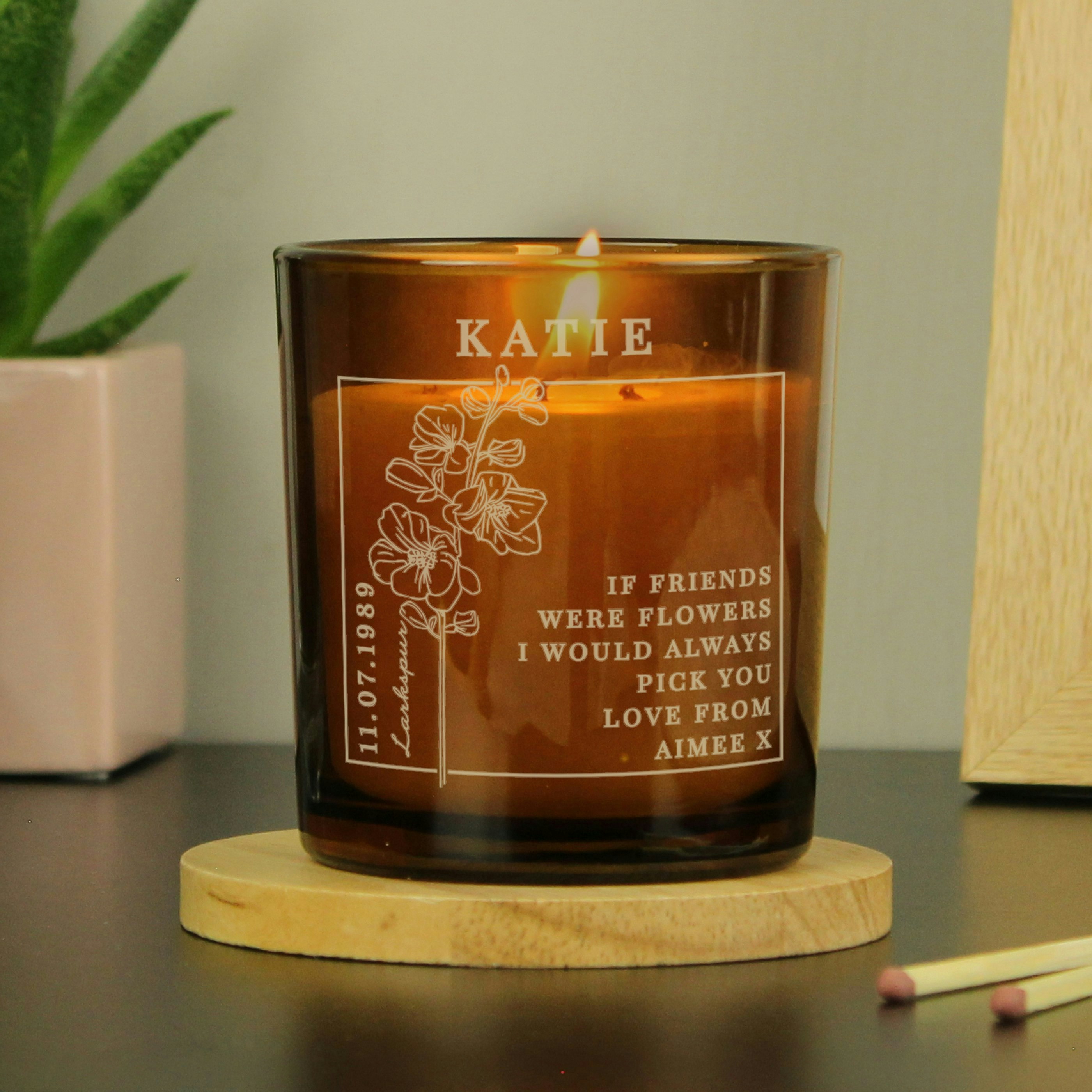 Personalised Memento Company Amber Personalised July Birth Flower Glass Candle