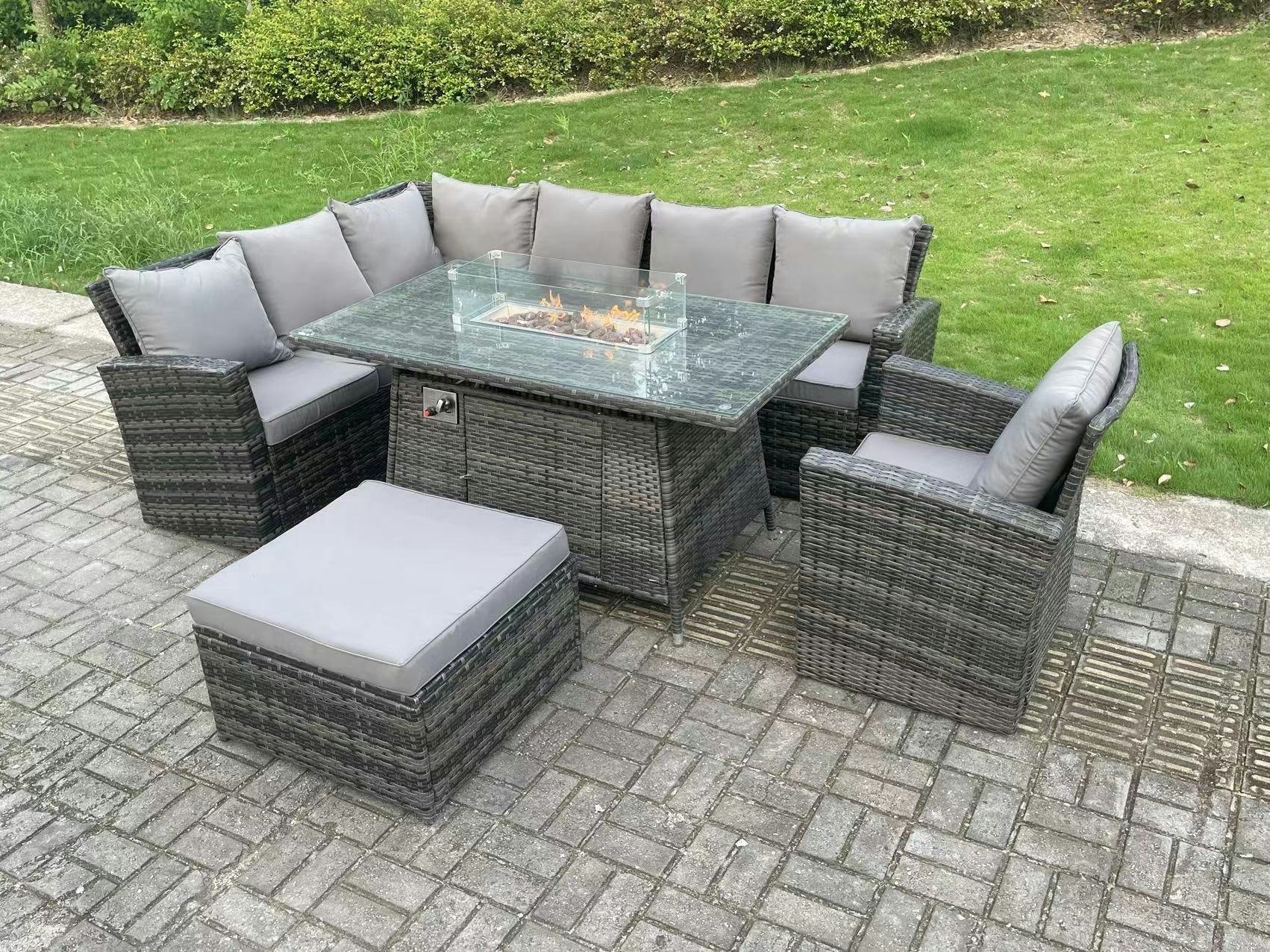 Fimous Dark/Grey 8 Seater?Outdoor Rattan Gas Fire Pit Sofa Dining Set Garden Furniture Heater Dining Table Chair Mixed Left Side