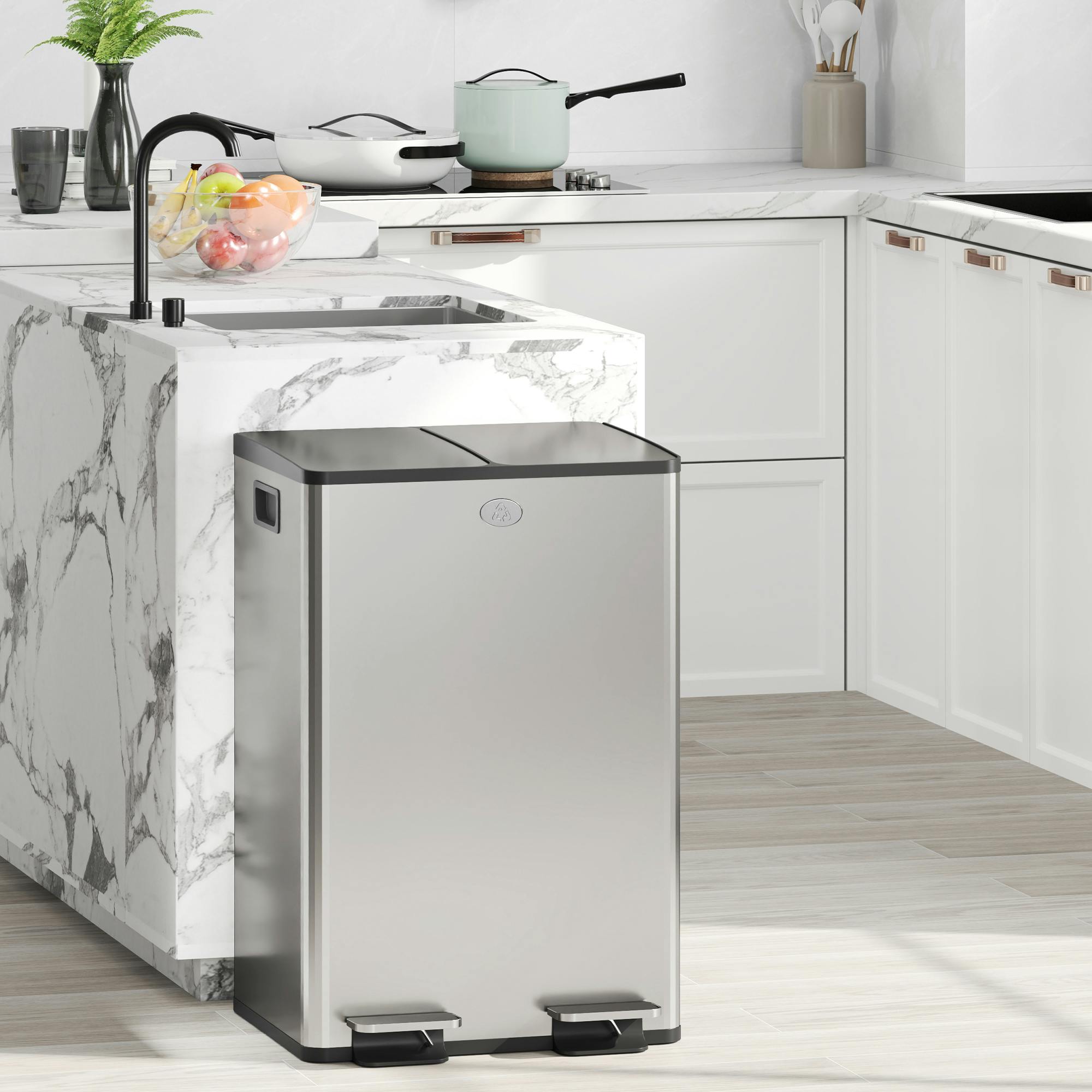 Homcom Silver 2 X 28L Dual Kitchen Bin Pedal Bin For Recycling And Waste