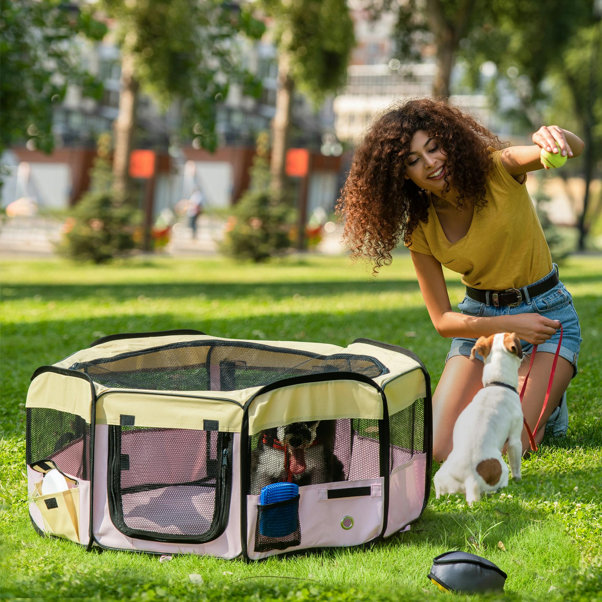 Pawhut Pink, Beige Small Pet Playpen, Fabric Enclosure For Dogs, Cats, Rabbits, Guinea Pigs, Pink, L37 X H37cm X D90cm | Aosom Uk - Image 6