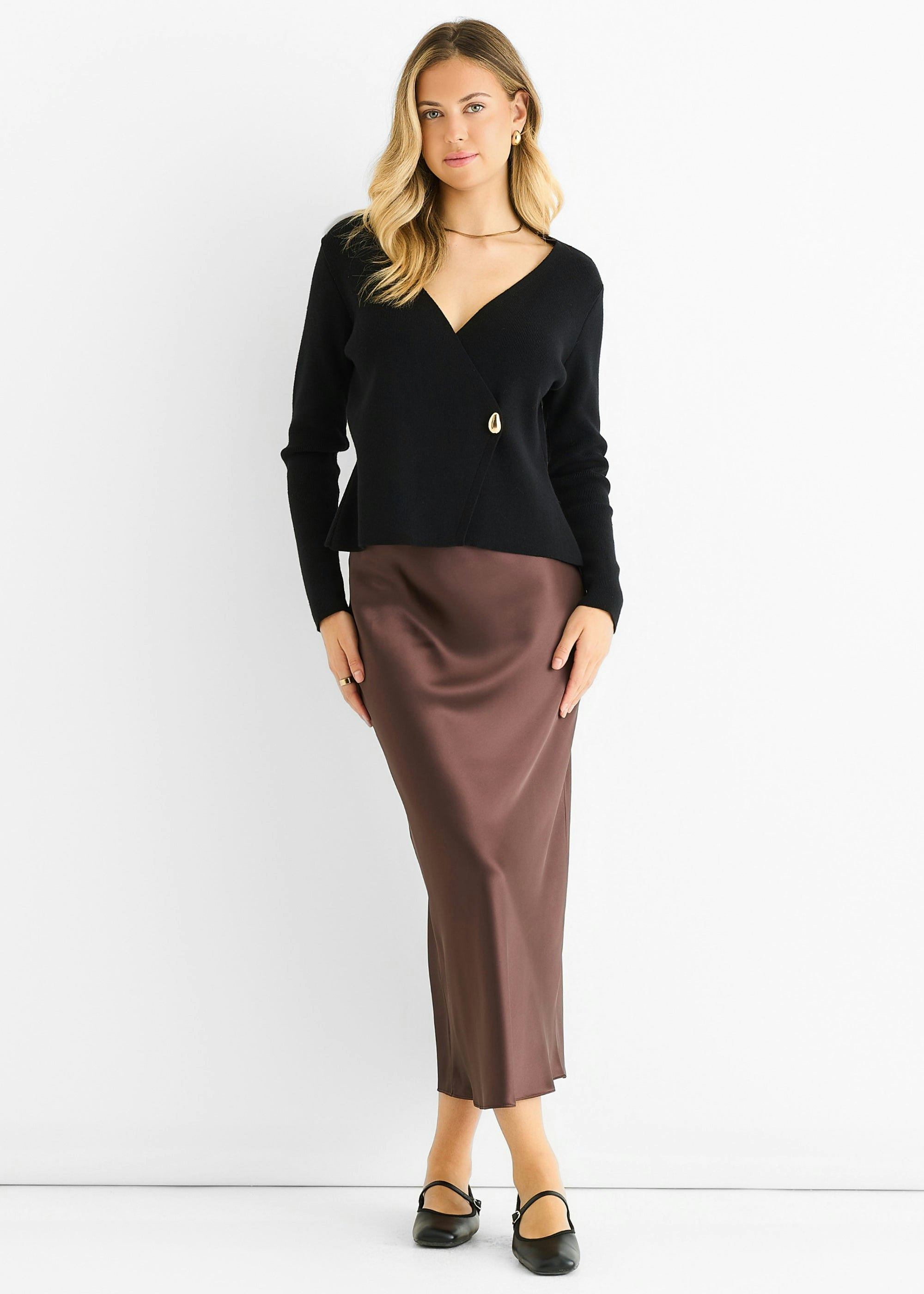 Gini London Black Button Wrap Compact Knit Cardigan - M-L (Uk 12-14/Us 8-10/Eu 40-42)