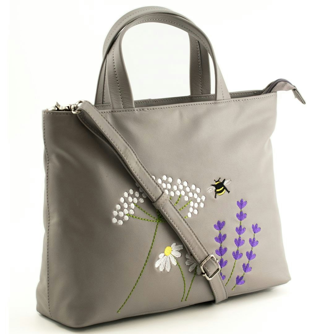 Mala Leather Grey Blossom Floral & Bee Multiway Leather Grab Bag