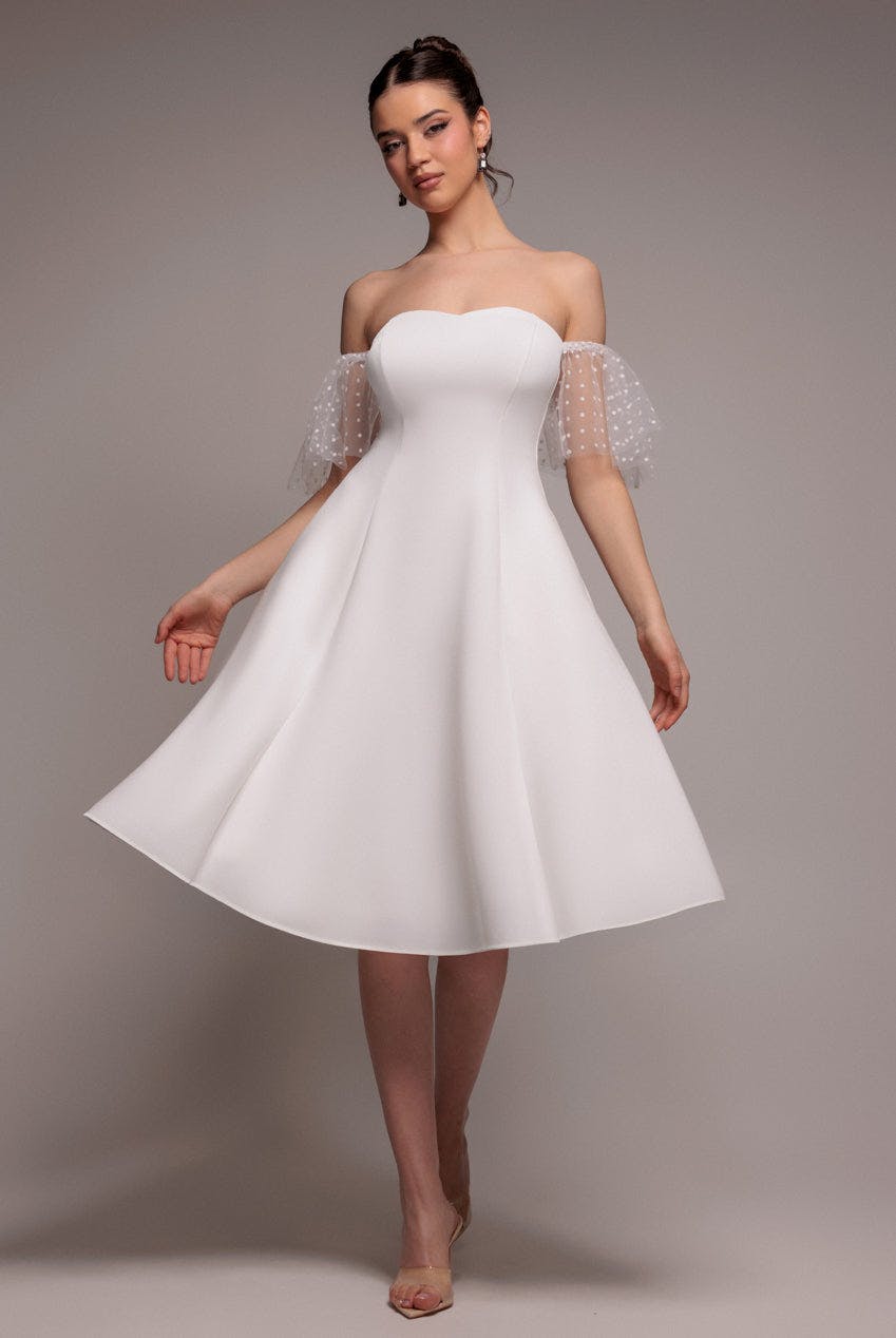Goddiva White Scuba & Polka Mesh Off The Shoulder Midi Dress - By - 10