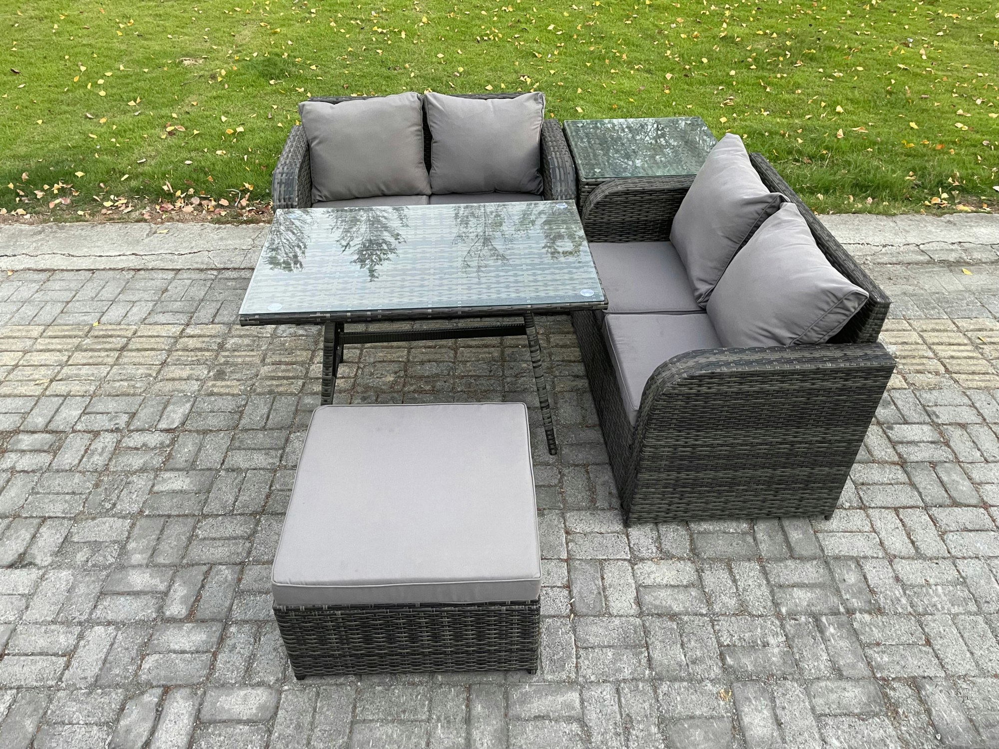Fimous Dark/Grey Outdoor Garden Furniture Sets 5 Pieces Wicker Rattan Furniture Sofa Sets With Rectangular Dining Table Love Sofa Big Footstool Side Table