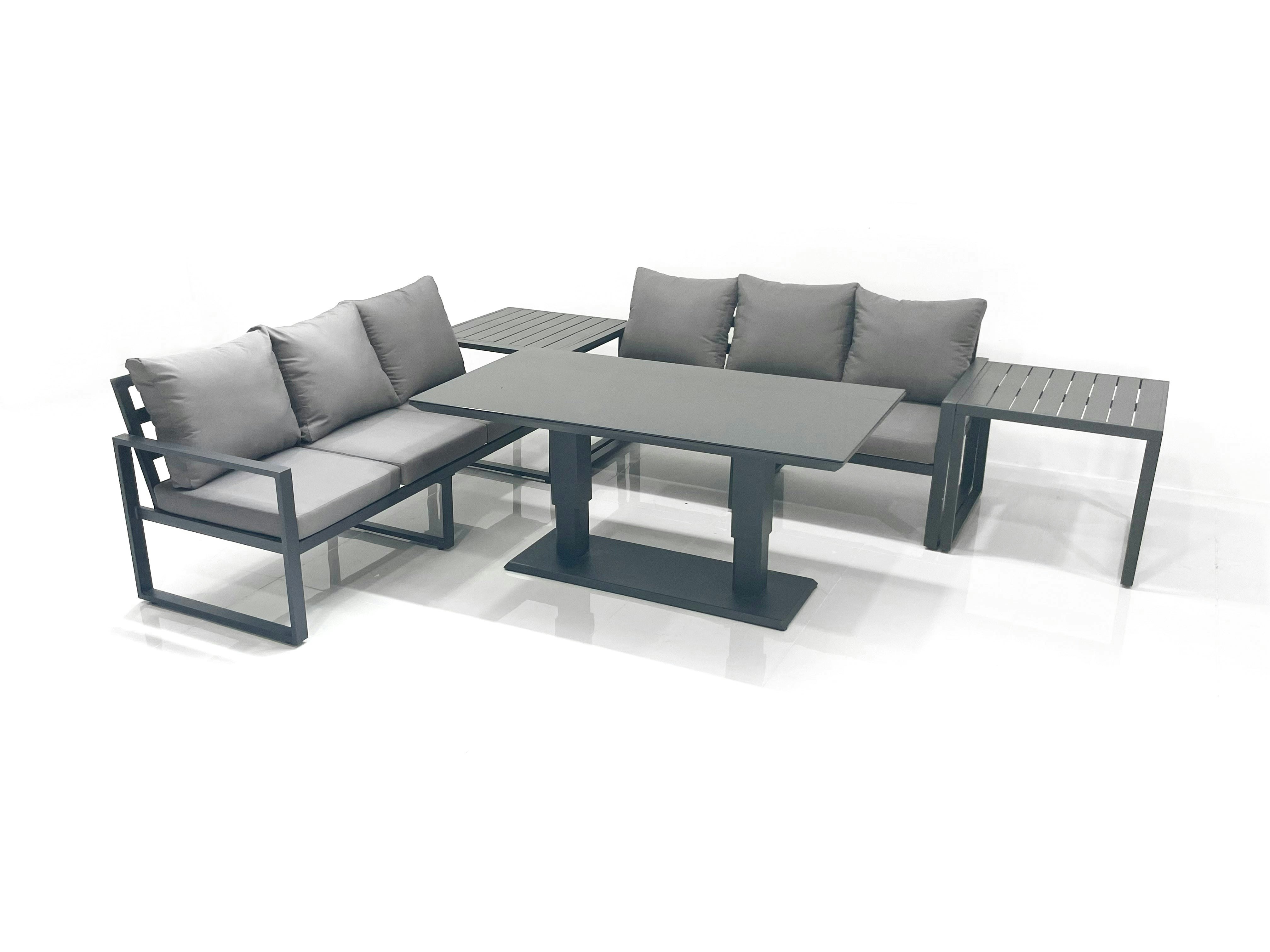Fimous Dark/Grey 6 Seater Aluminium Outdoor Garden Furniture Set With Adjustable Rising Lifting Dining Table 3 Seater Sofa 2 Side Tables