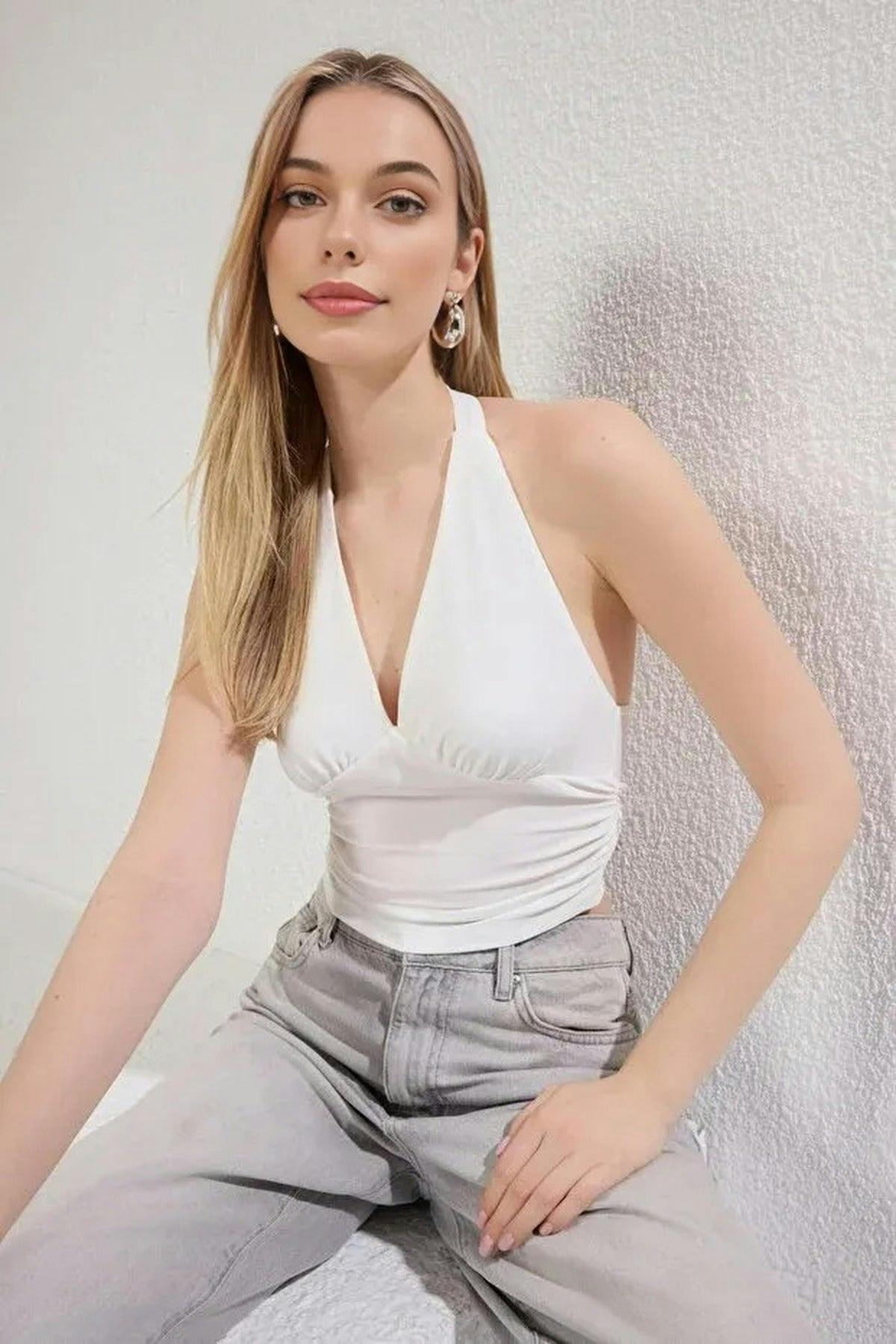 Wovcor Halter Neck Patterned Fitted Crop Knit Blouse - Ecru - Xs