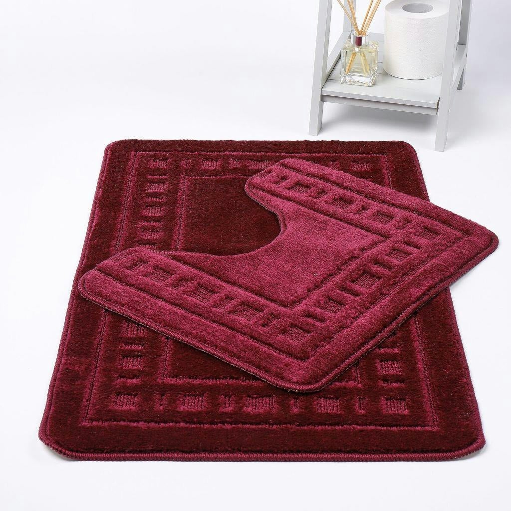 - Diem Bath Mat 2 Piece Set Non-Slip Pedestal And Bath Mat Toilet Bathroom RugWine Red - Image 3