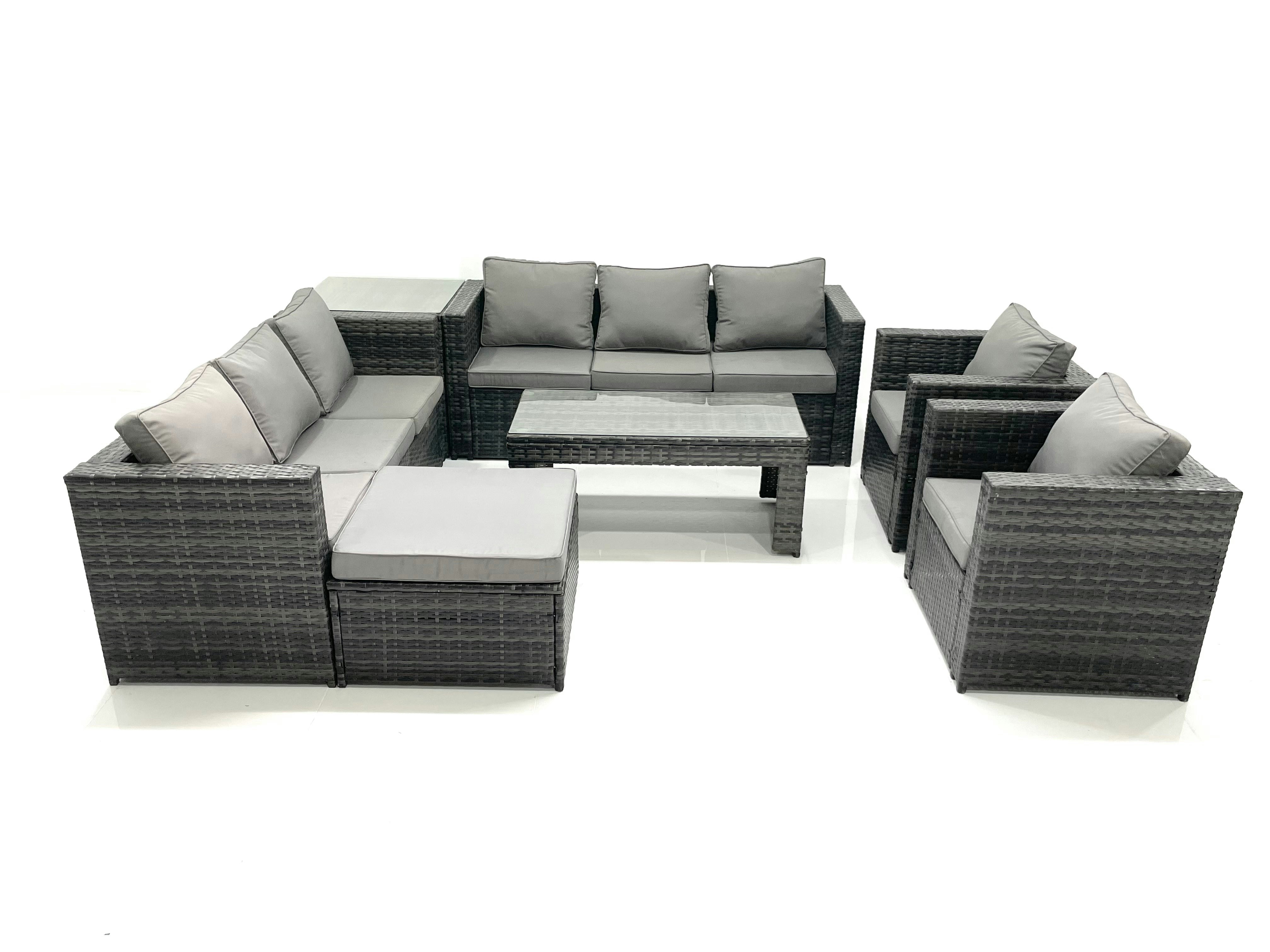 Rackhams Dark/Grey Rattan Garden Furniture Sofa Set With Coffee Table Armchair Side Table Big Footstool Mixed