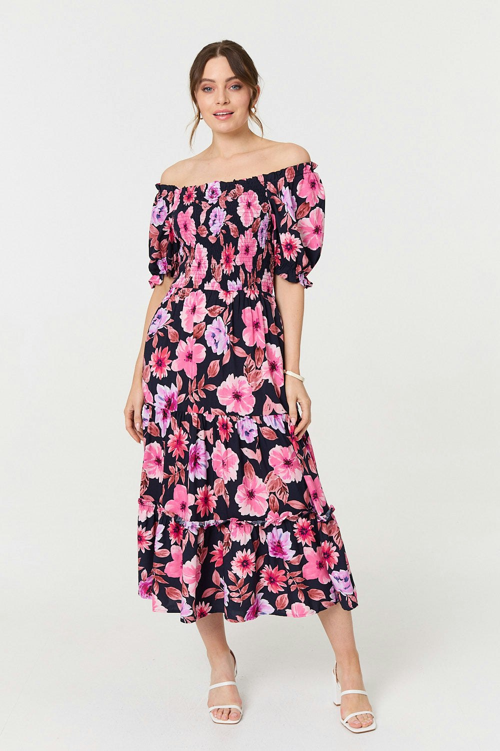 Izabel London Floral Puff Sleeve Bardot Midi Dress - Navy - 18