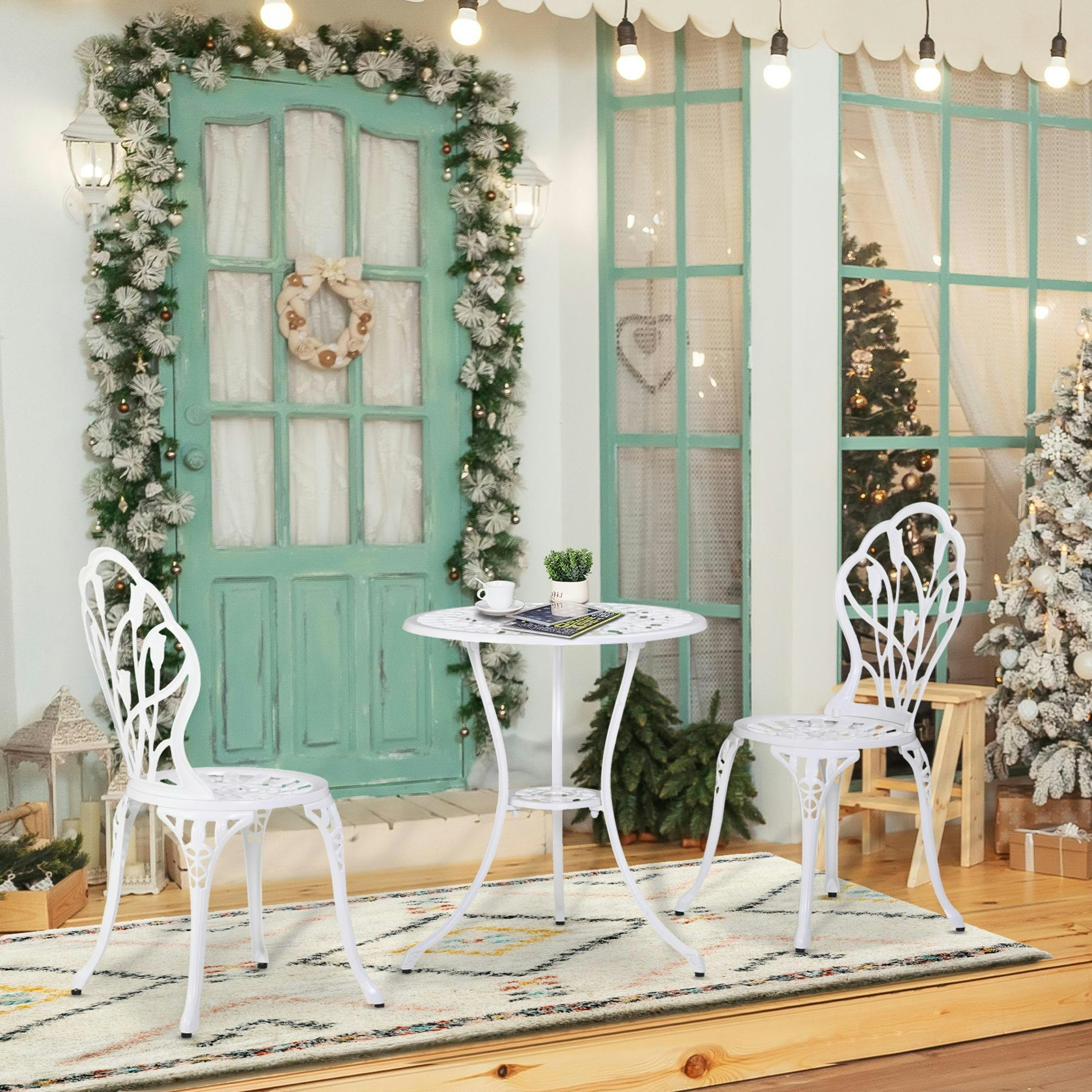 Outsunny White 3 Piece Bistro Set, Aluminium Garden Furniture With Umbrella Hole
