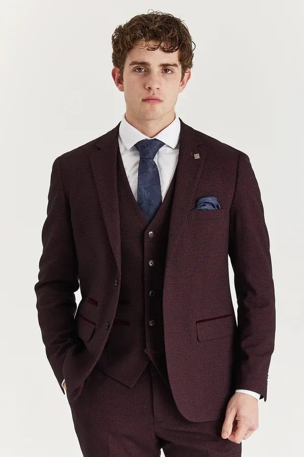 Paul Andrew Men's Regent - Wine Checked Tailored Fit Blazer - 48