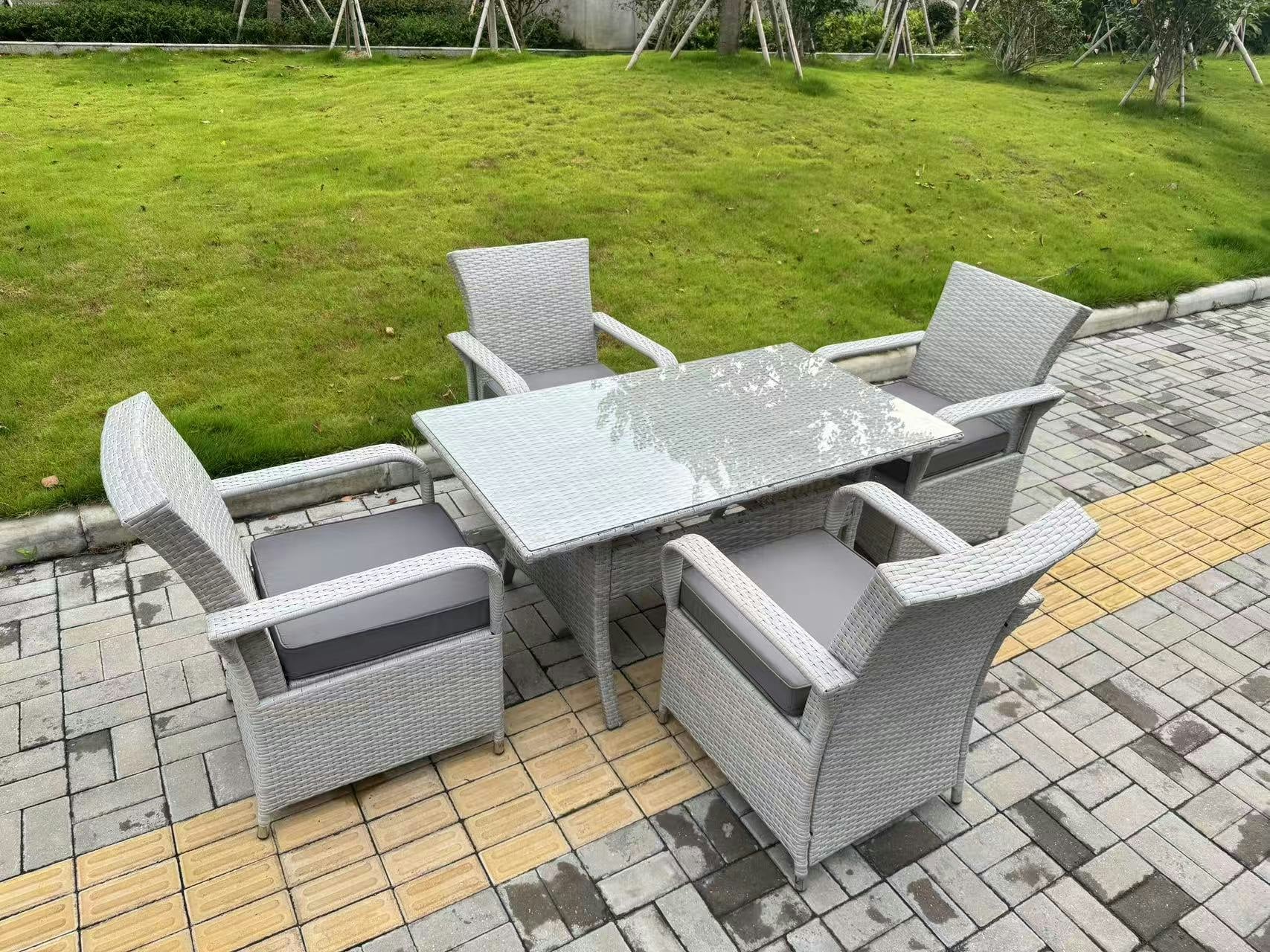 Rackhams Light/Grey Rattan Outdoor Garden Furniture Set Rectangular Table And 4 Chairs Set With Seat Cushion