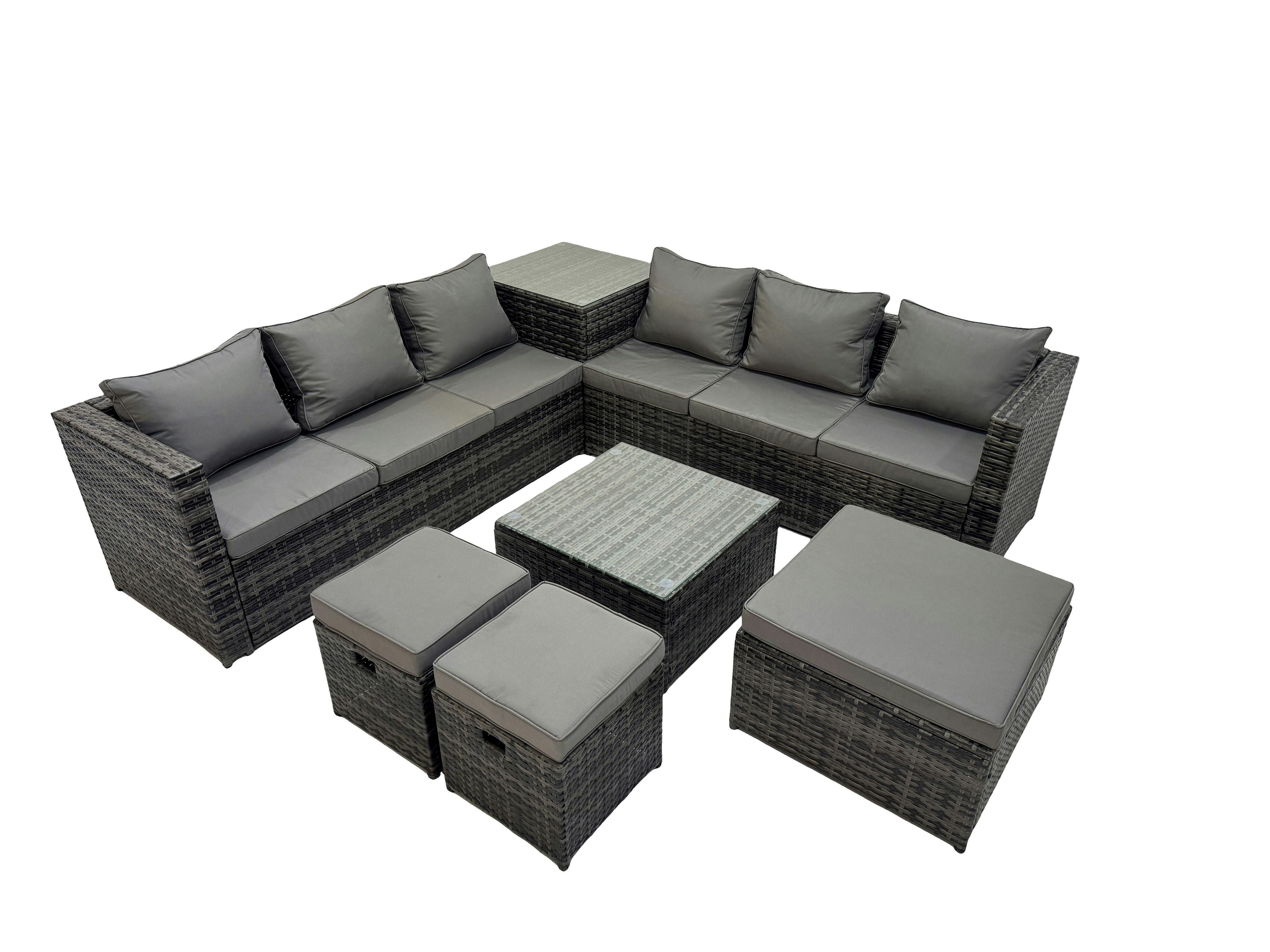 Rackhams Dark/Grey 9 Seater Garden Outdoor Rattan Furniture Set Patio Corner Sofa Coffee Table With 3 Stools