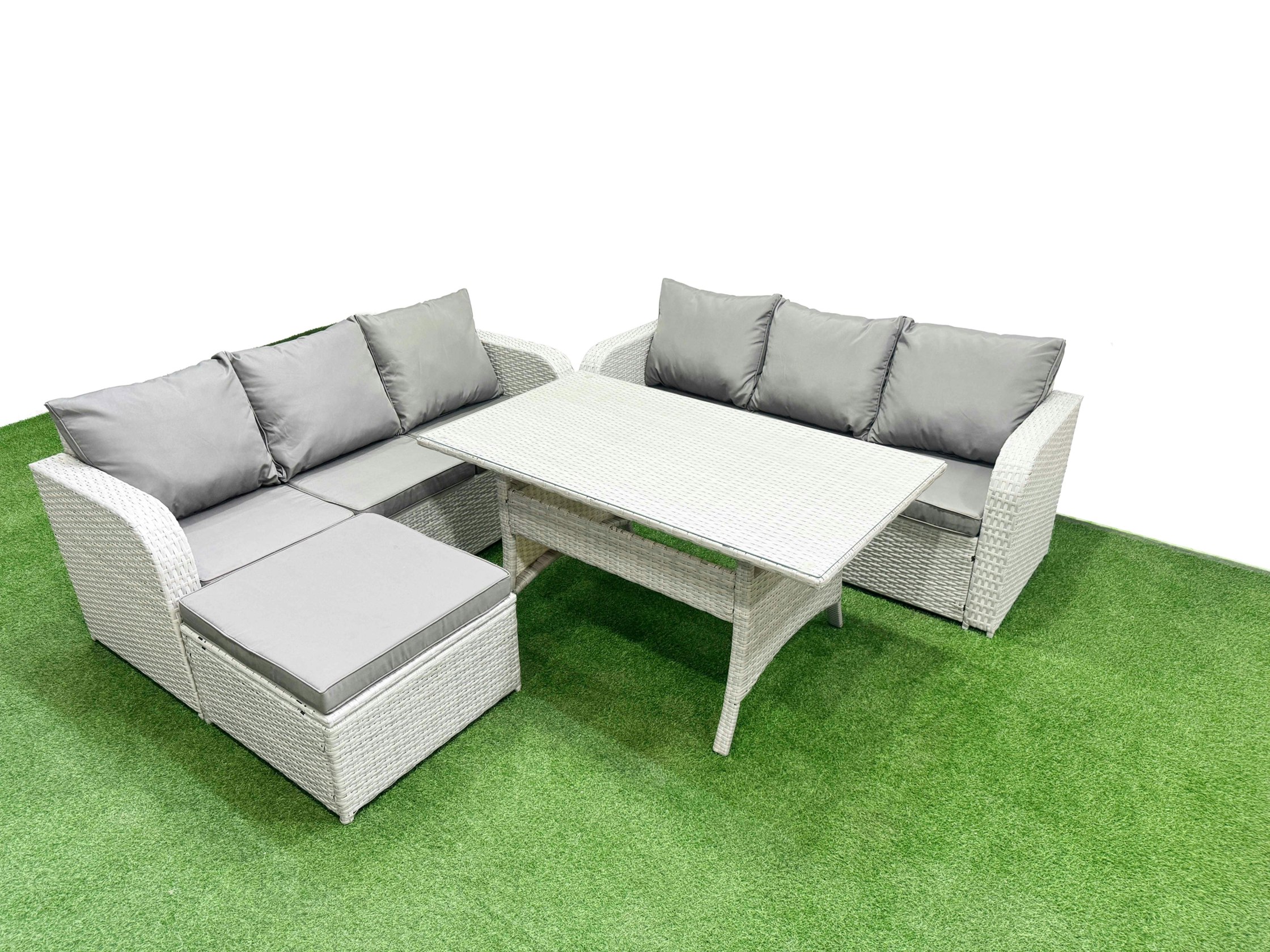 Rackhams Light/Grey 7 Seater Rattan Outdoor Sofa Set - Rectangular Dining Table, High Back Lounge Sofa & Footstool